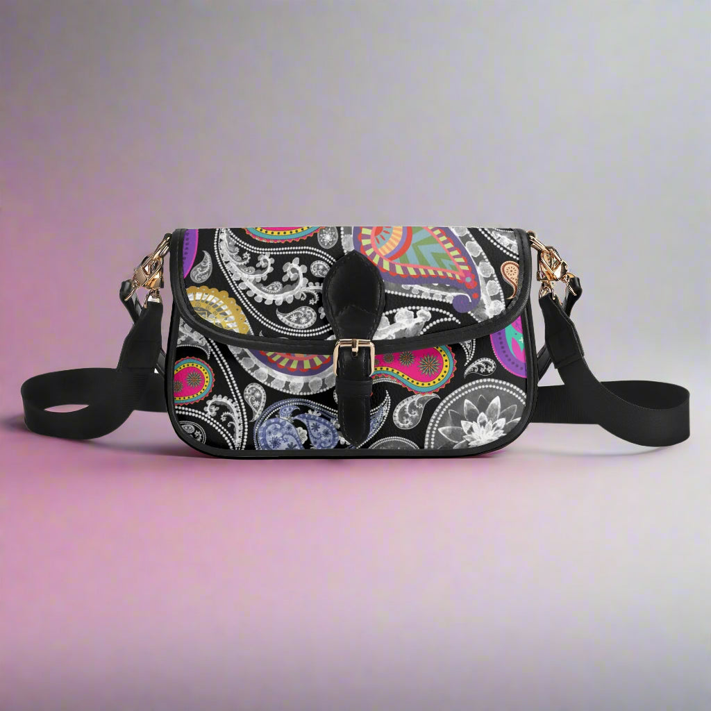 Multicolored paisley patterned bag on a white background