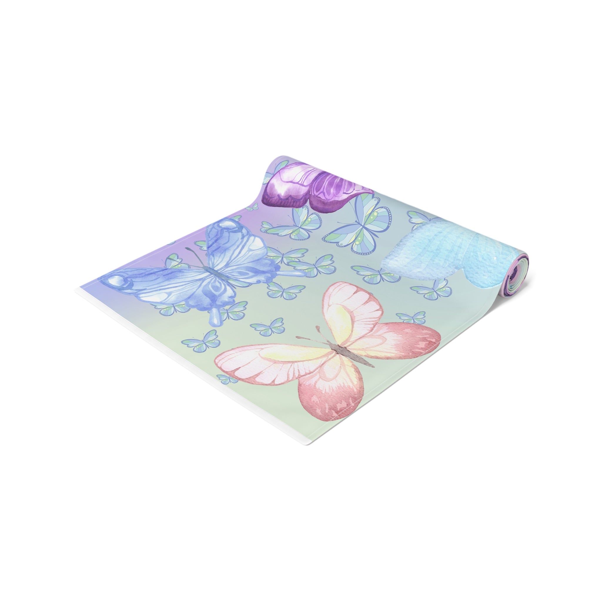 Yoga mat with butterfly design and purple ribbon on a white background