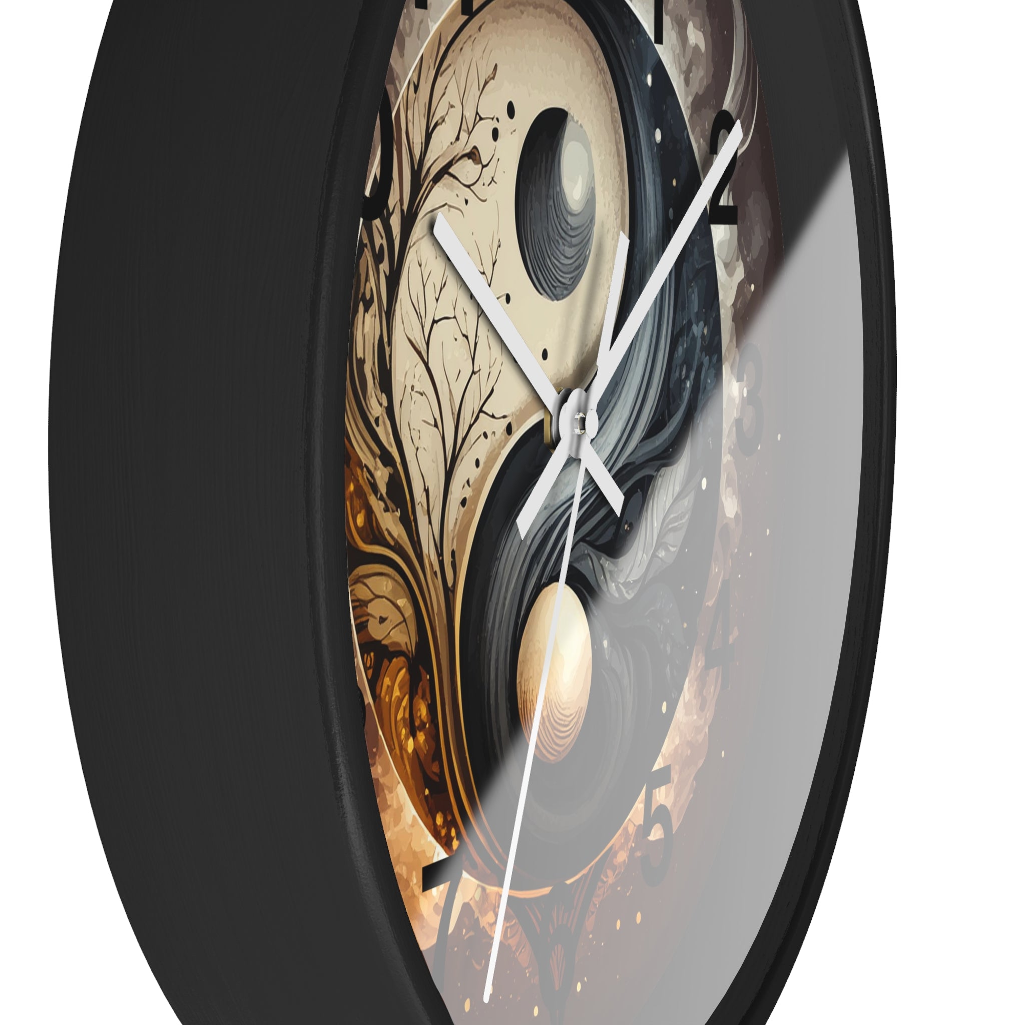 Decorative wall clock with artistic design on a black background
