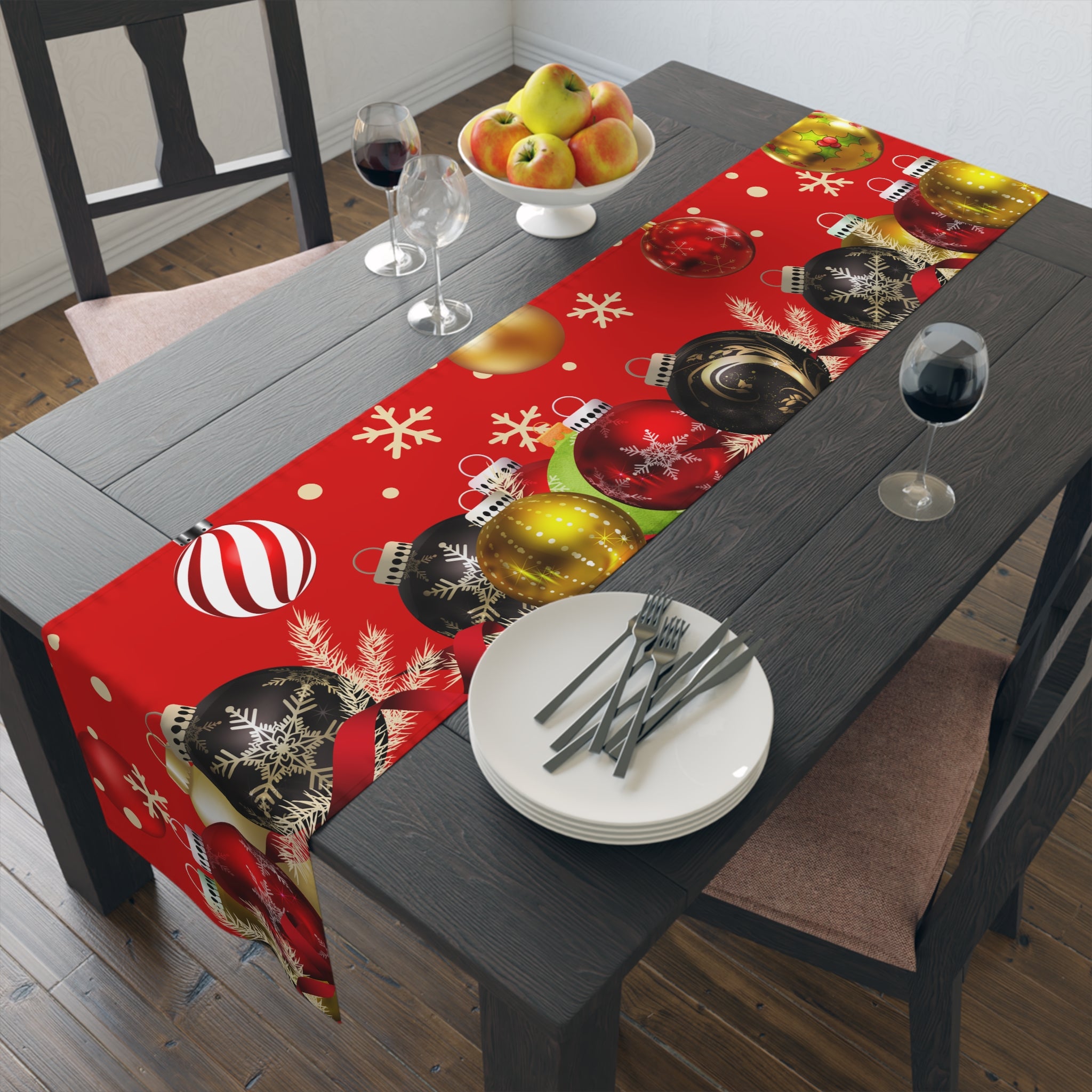 Christmas Ornaments Red Table Runner