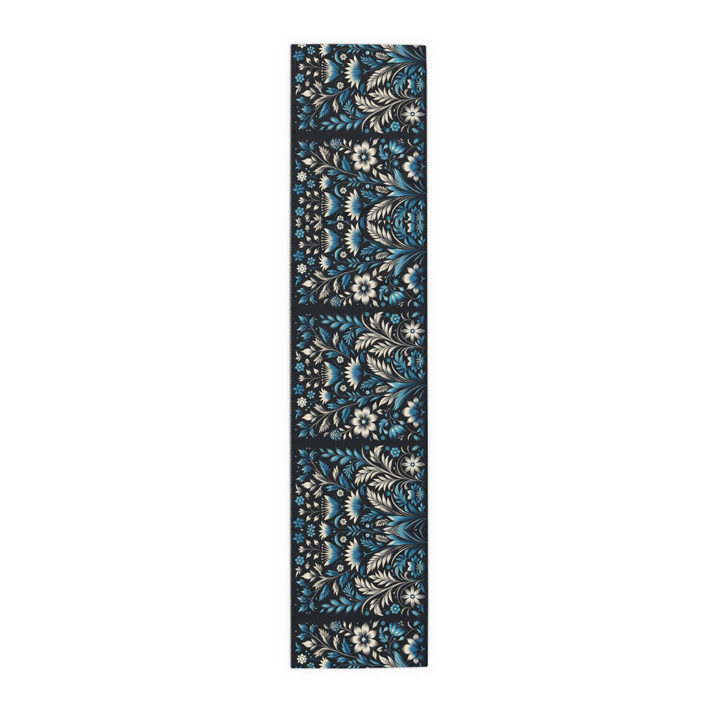 Dark Blue Art Deco Floral Table Runner Decor- Cotton Poly Blend