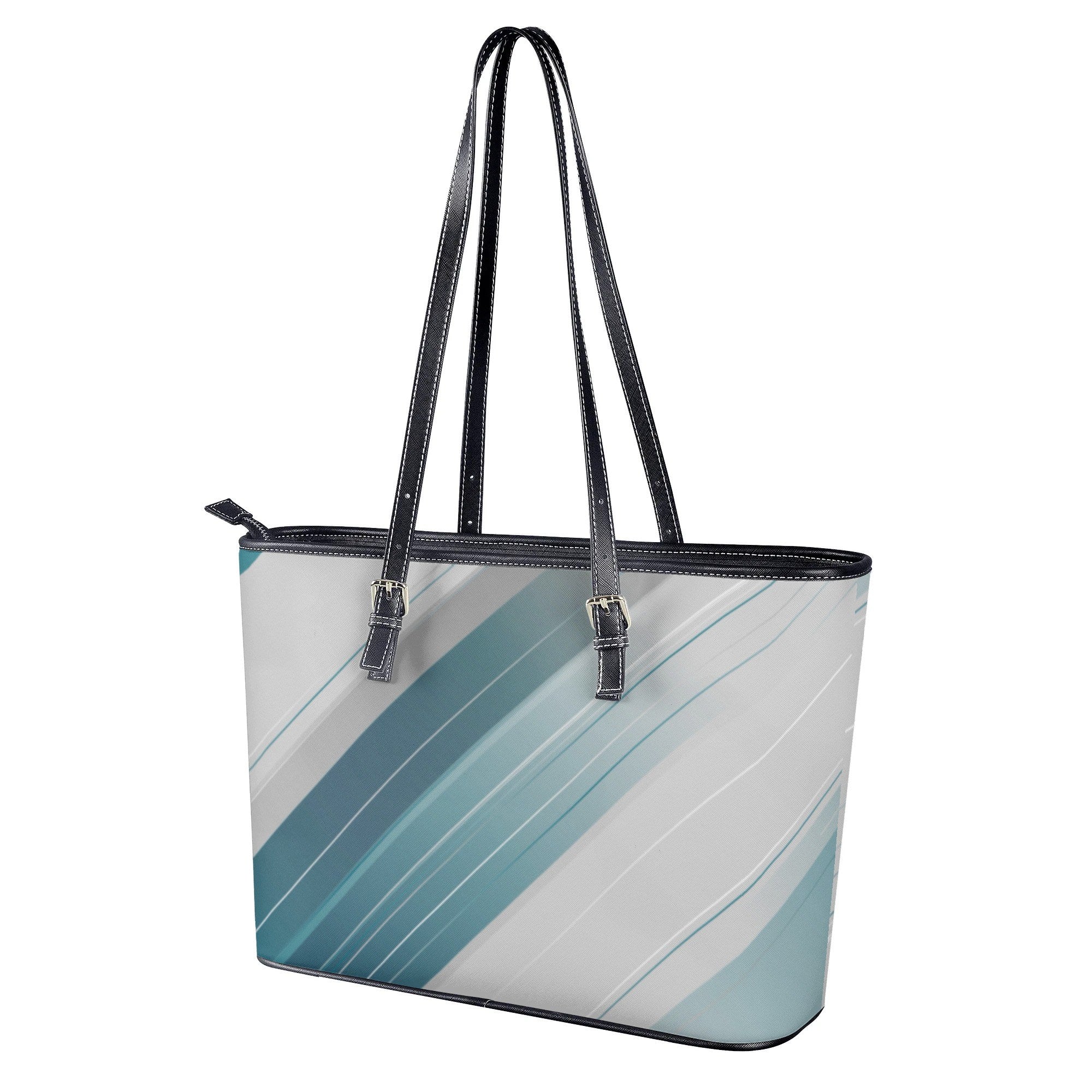 Tote bag with blue and white abstract design on a white background