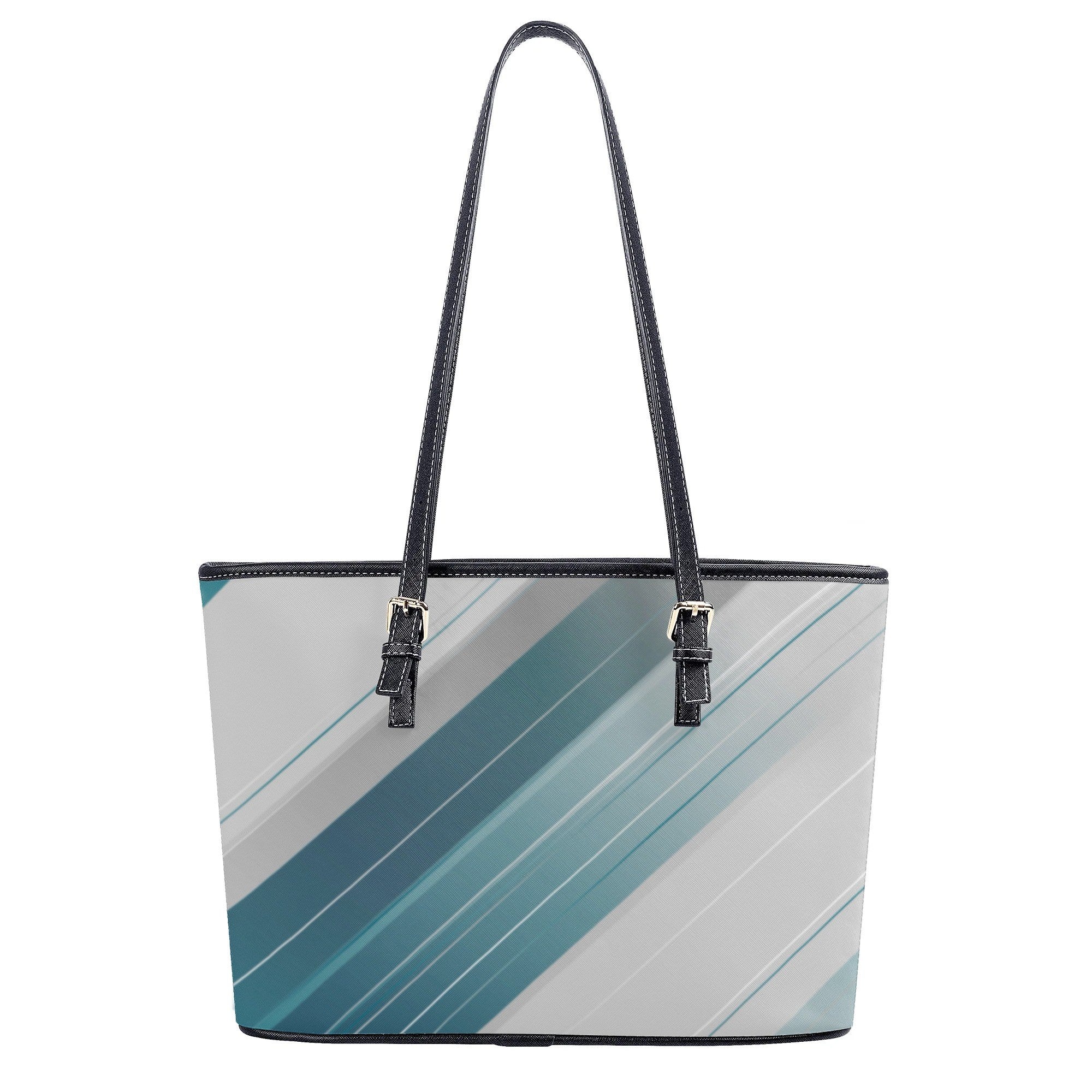 Tote bag with blue and gray diagonal stripe design on a white background