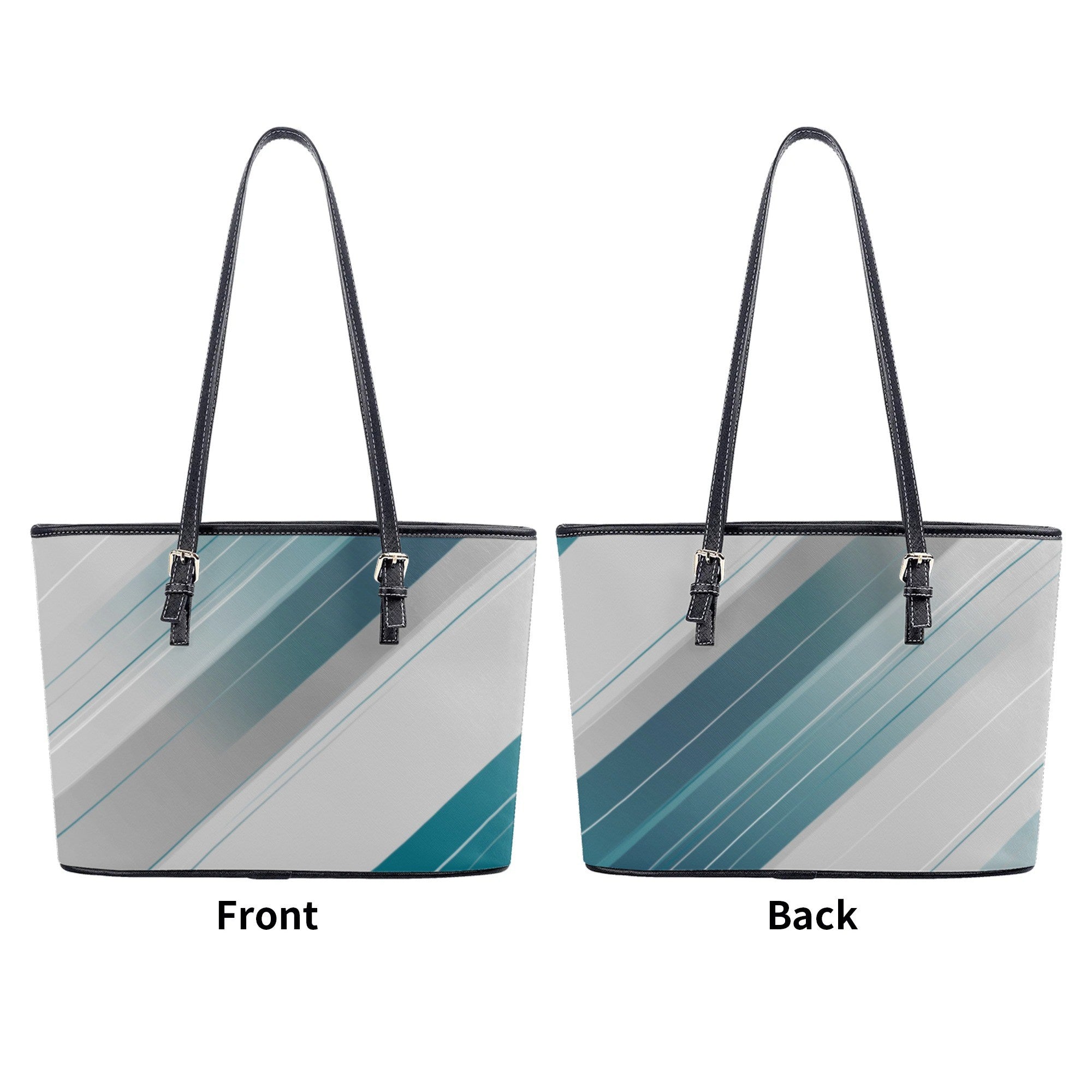 Tote bag with diagonal stripe pattern on front and back, showing black handles.
