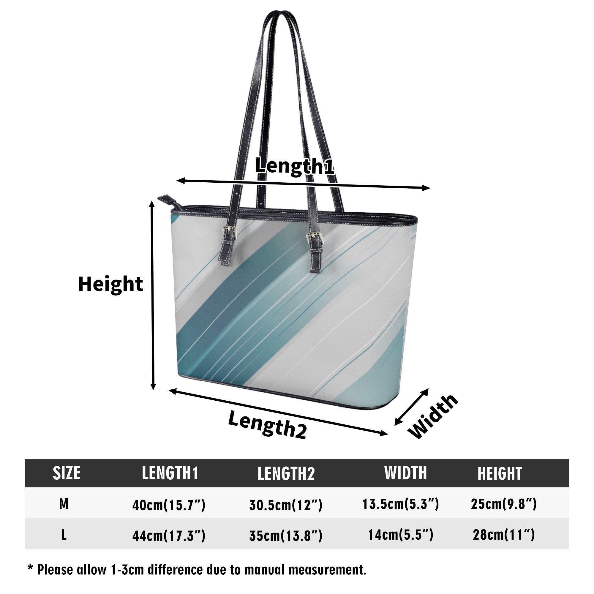 Measurement chart of a tote bag with dimensions labeled
