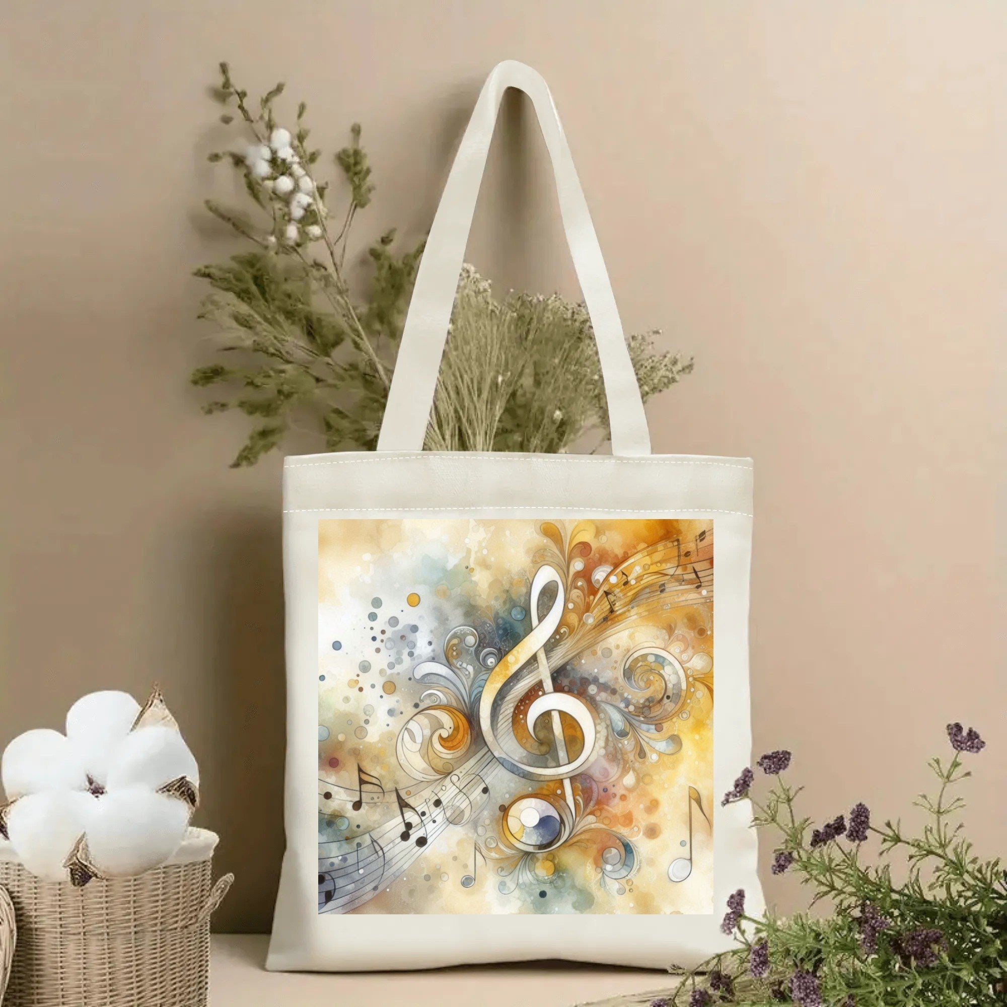 Tote bag with musical design on a beige background