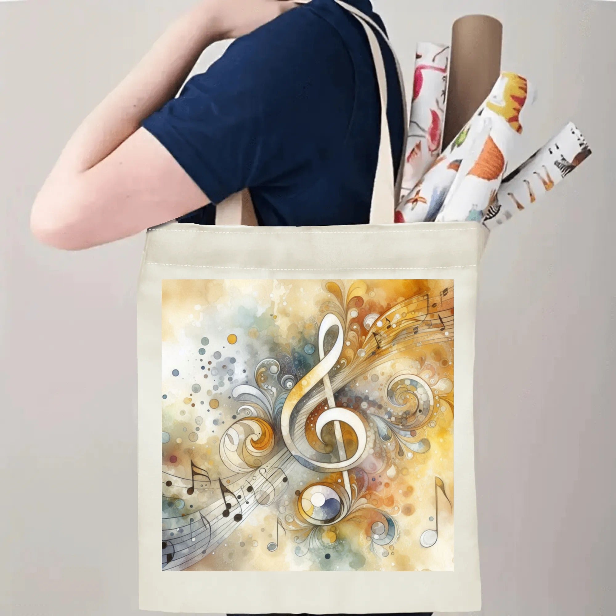 Tote bag with a musical design held by a person against a neutral background
