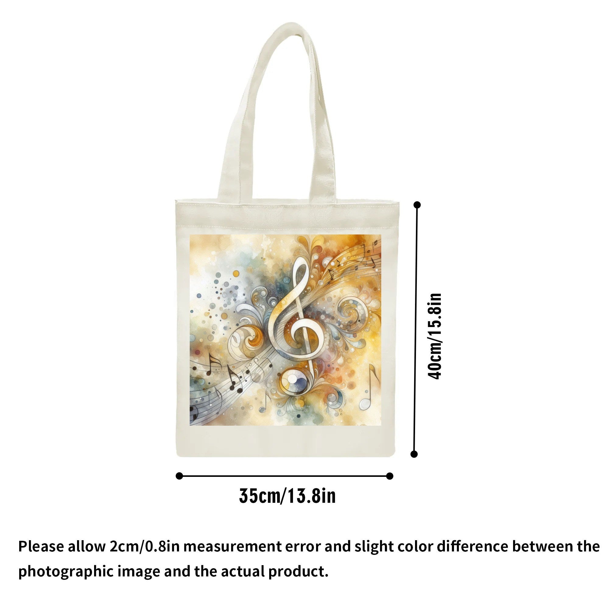 Tote bag with musical design and measurements on a white background