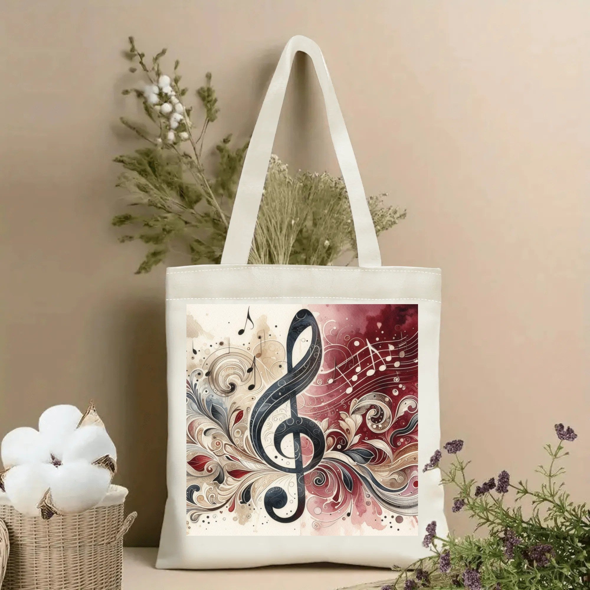 Tote bag with musical design on a beige background