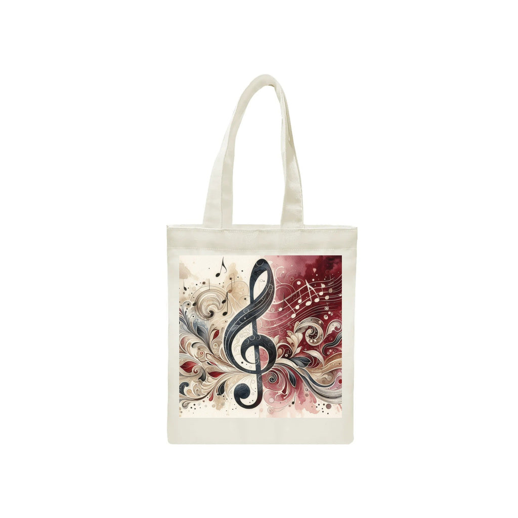 Tote bag with a decorative music-themed design on a white background