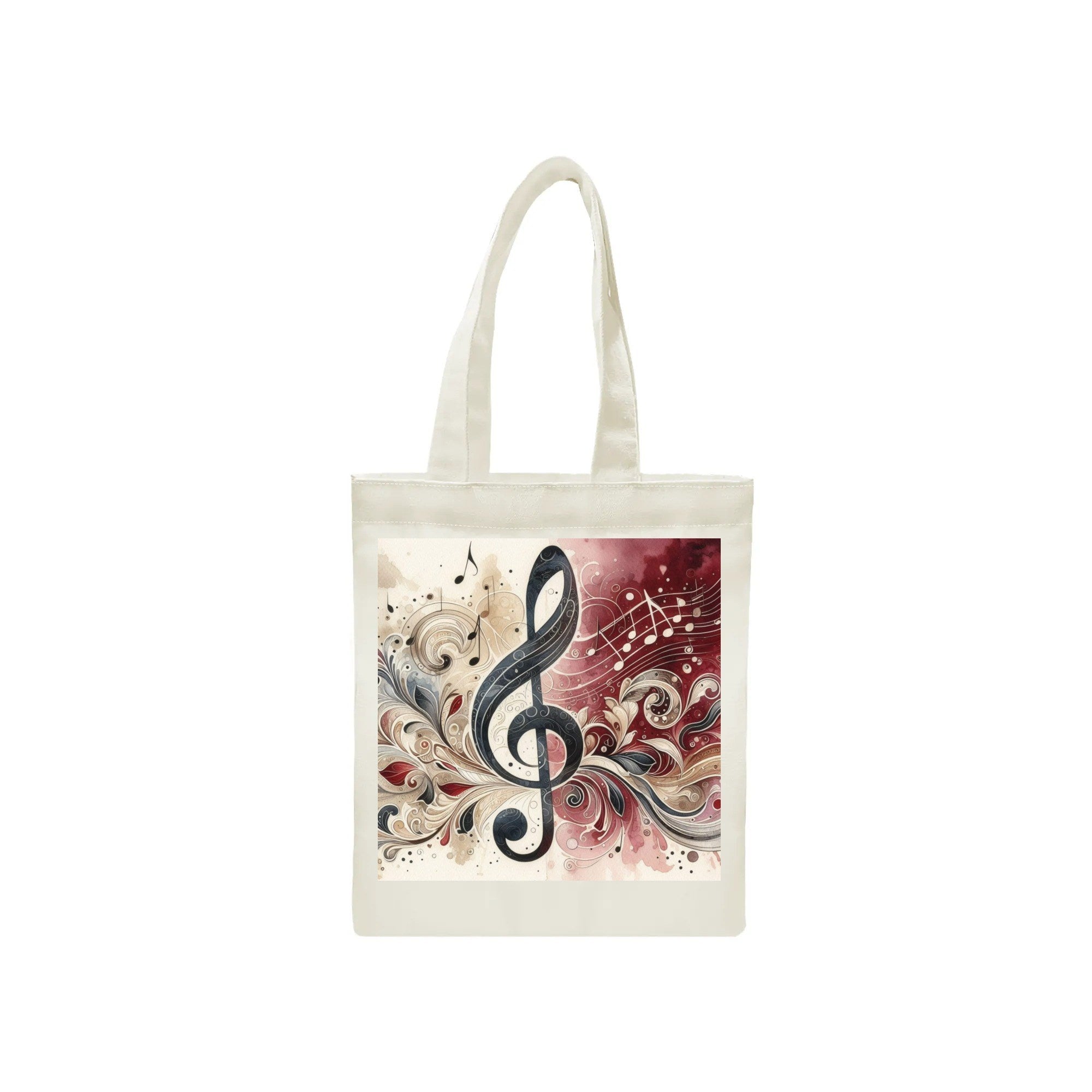 Tote bag with a decorative music-themed design on a white background