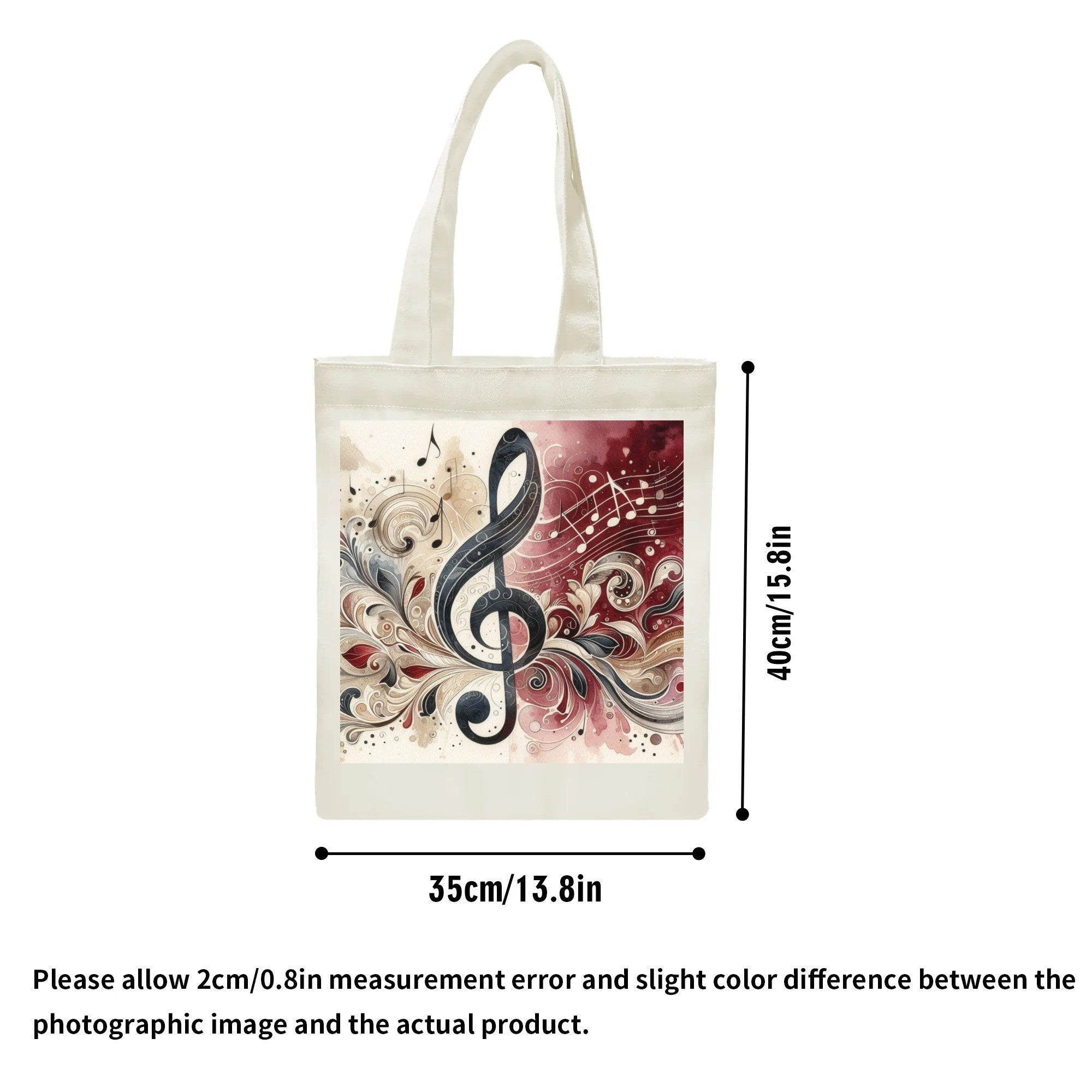 Tote bag with musical design and measurements on a white background