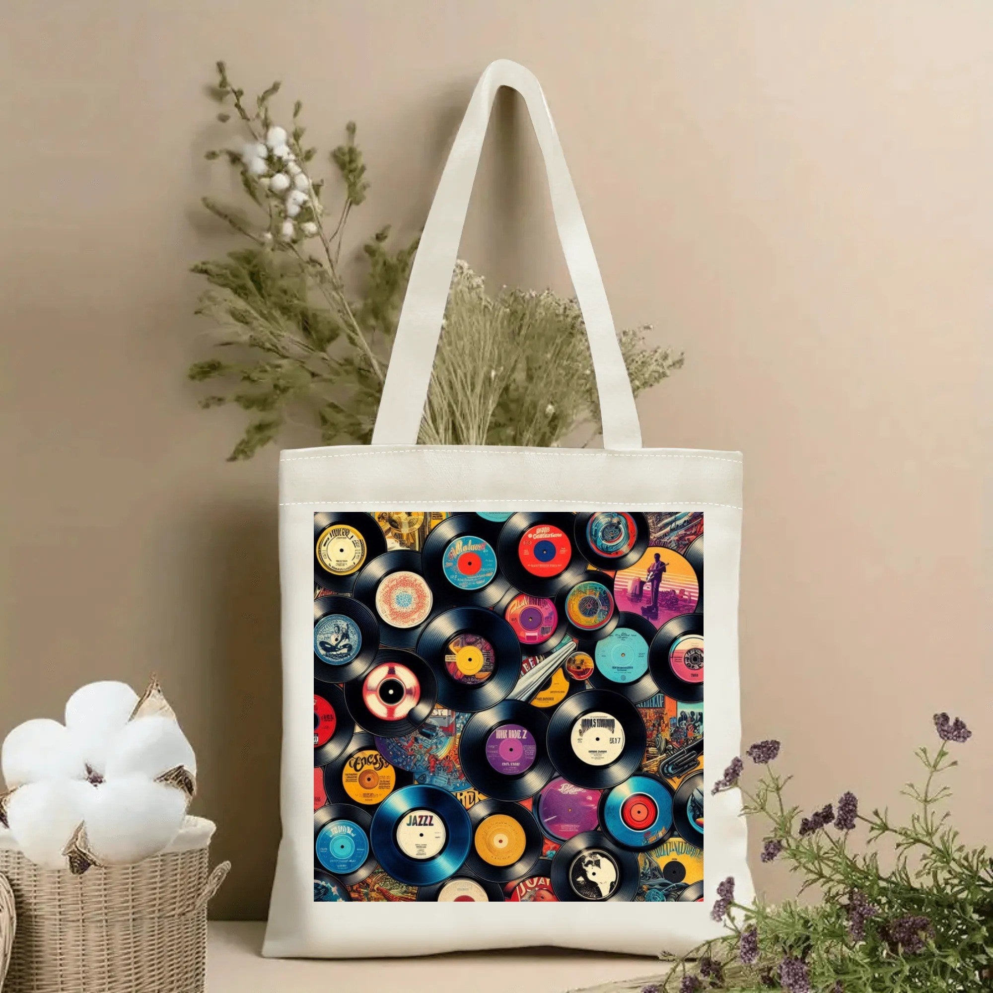 Tote bag with vinyl record design on a beige background