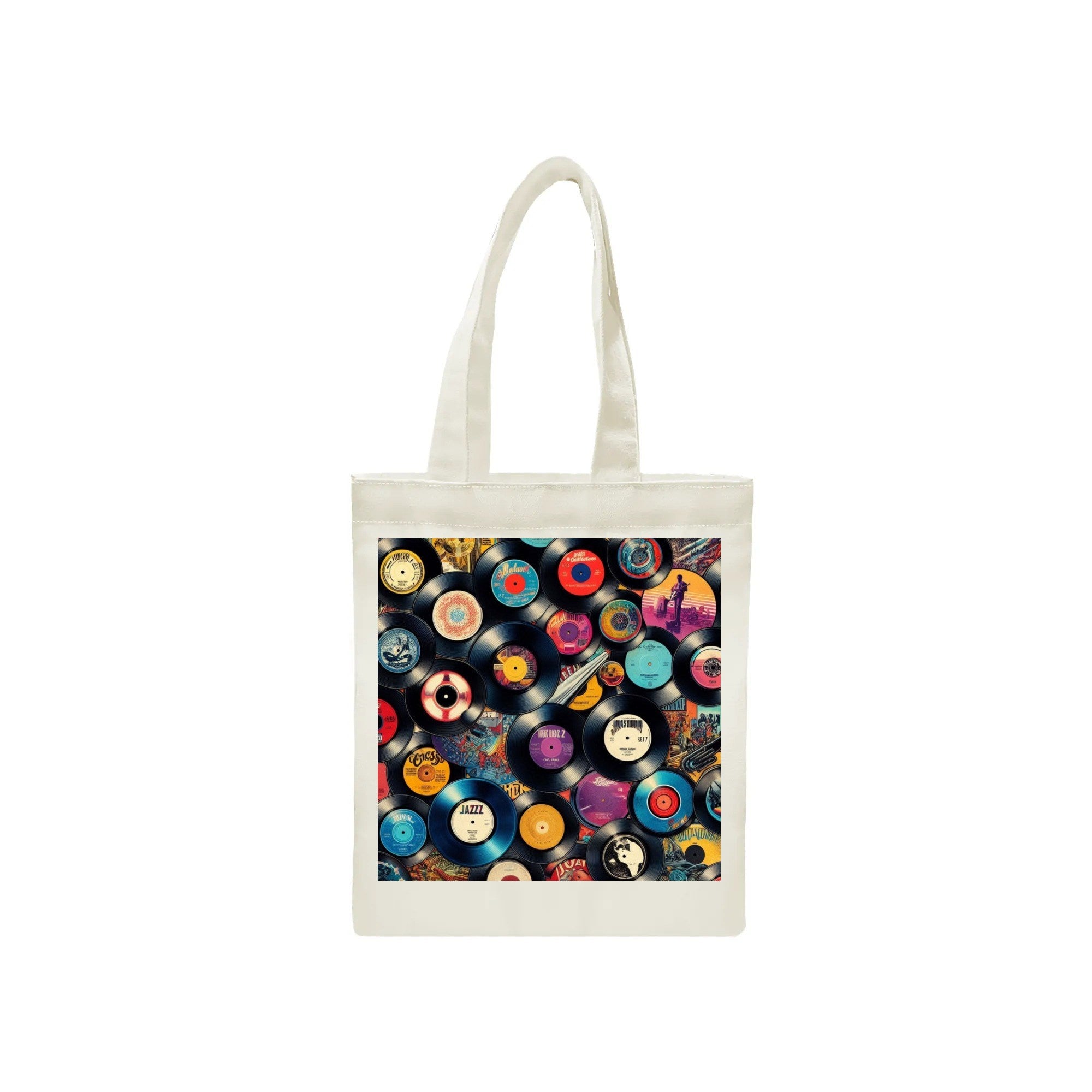 Tote bag with colorful vinyl record design on a white background