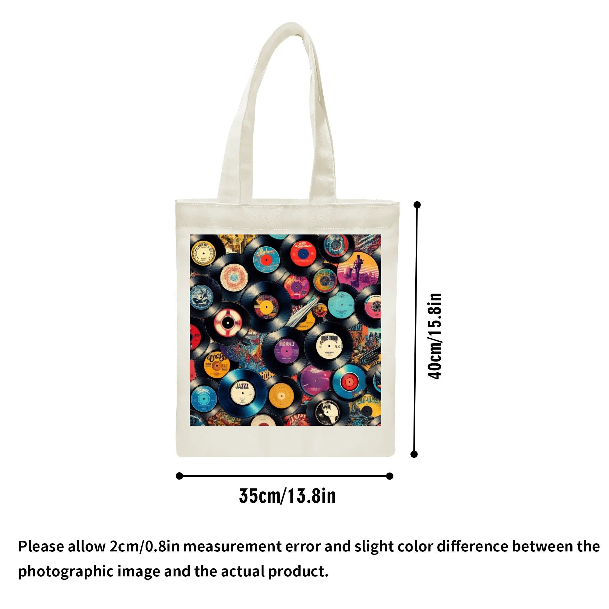 Tote bag with vinyl record design and measurements on a white background