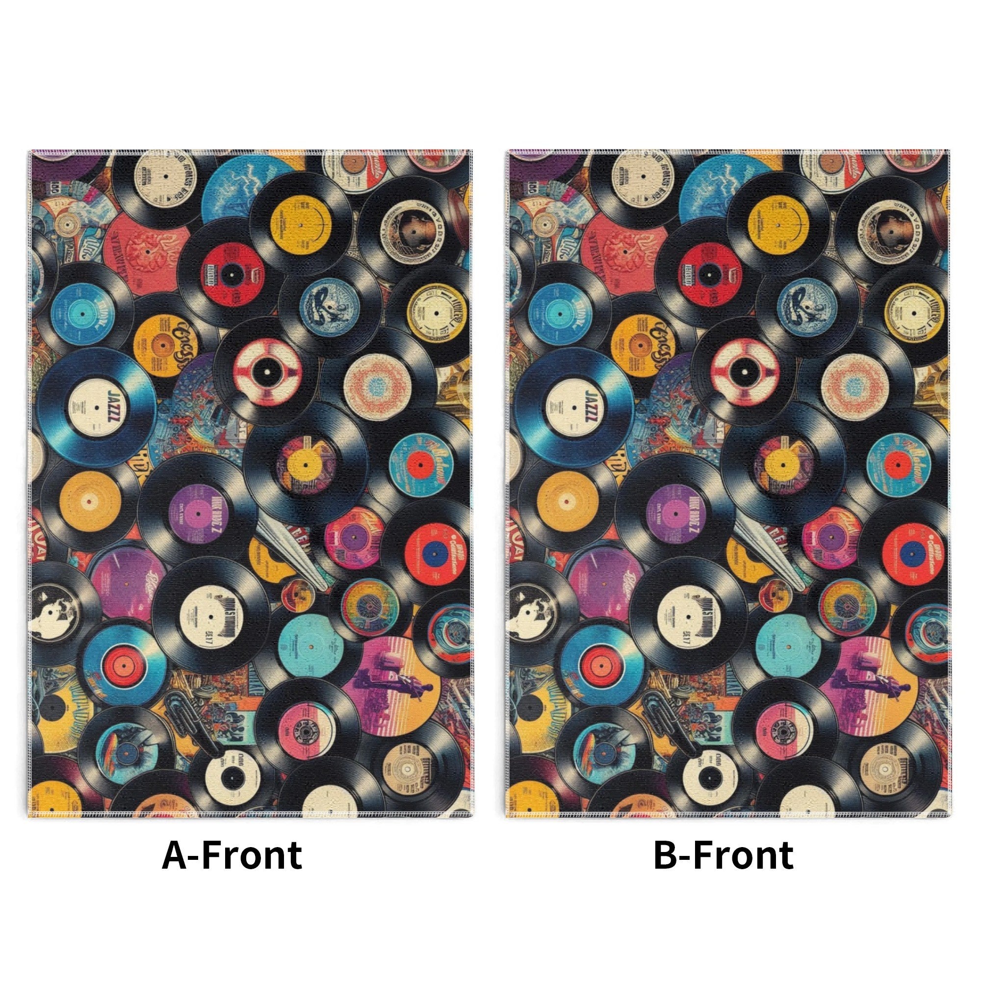 Two front views of a decorative item with vinyl record design.