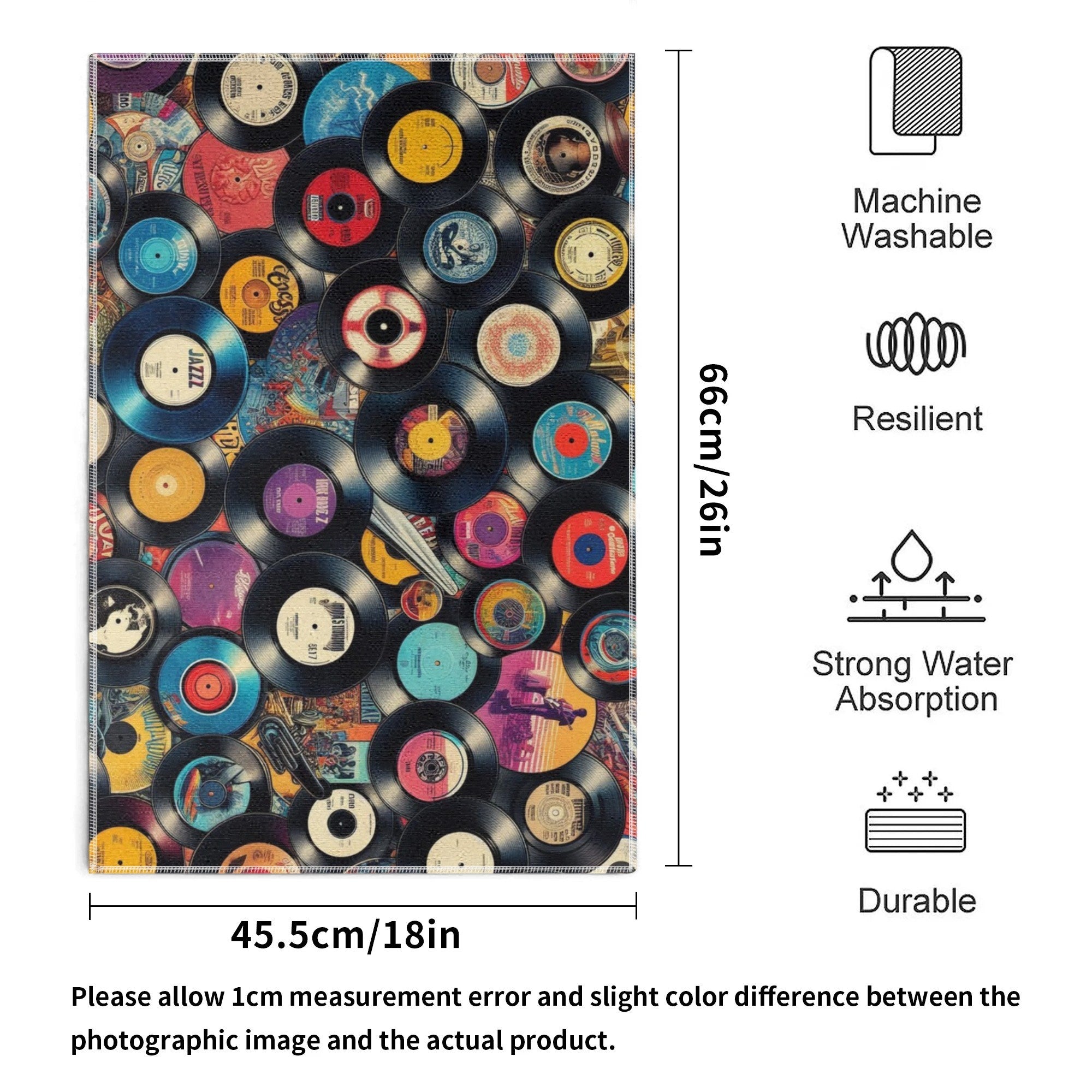 Product packaging with vinyl records design, dimensions, and care instructions.