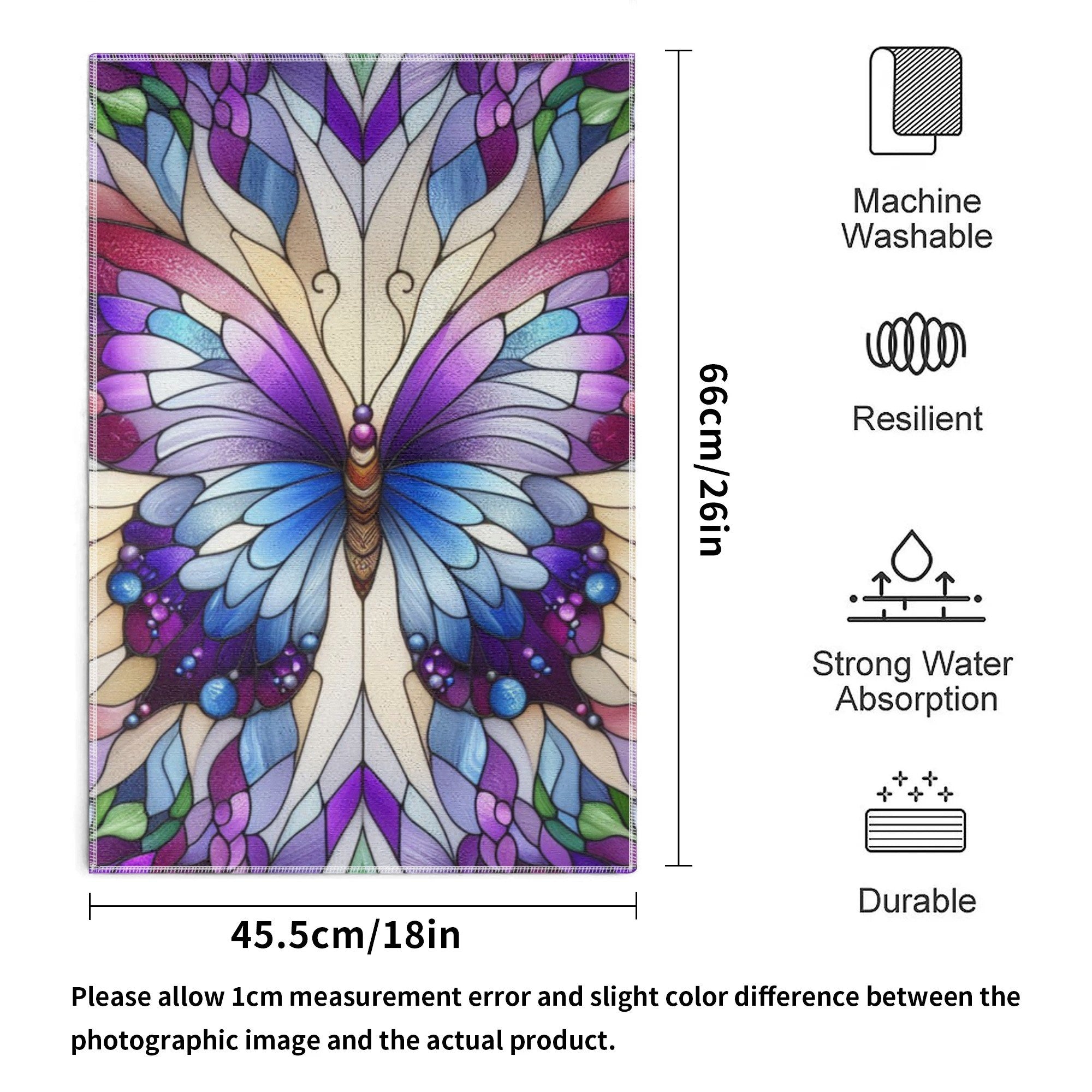 Butterfly-themed product with dimensions, care instructions, and material properties on a white background