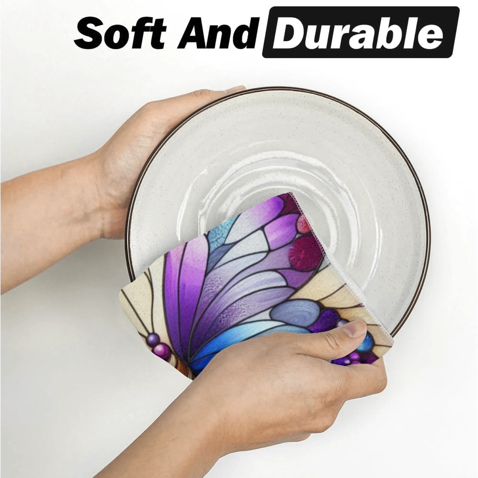 Person holding a colorful butterfly-themed product with a white plate in the background, emphasizing 'Soft And Durable' text.