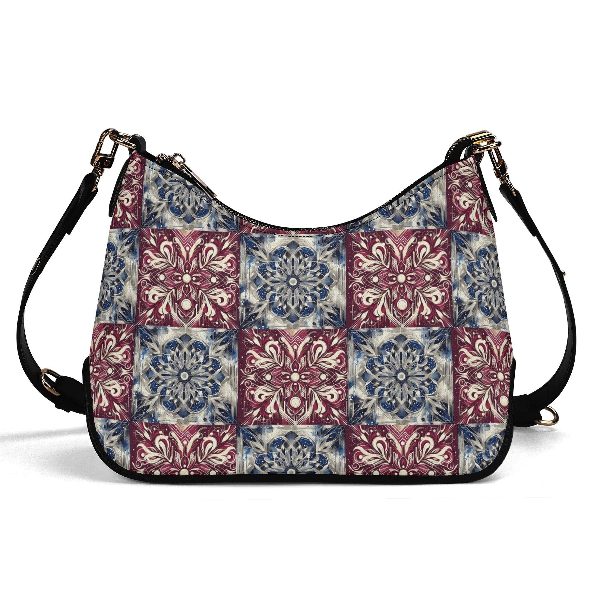 Patterned handbag with a mix of blue, red, and white designs on a white background