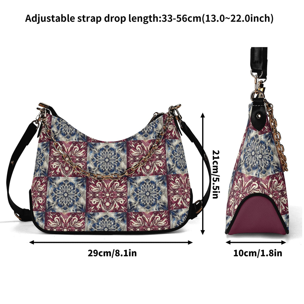 Patterned handbag with adjustable strap and measurements on a white background