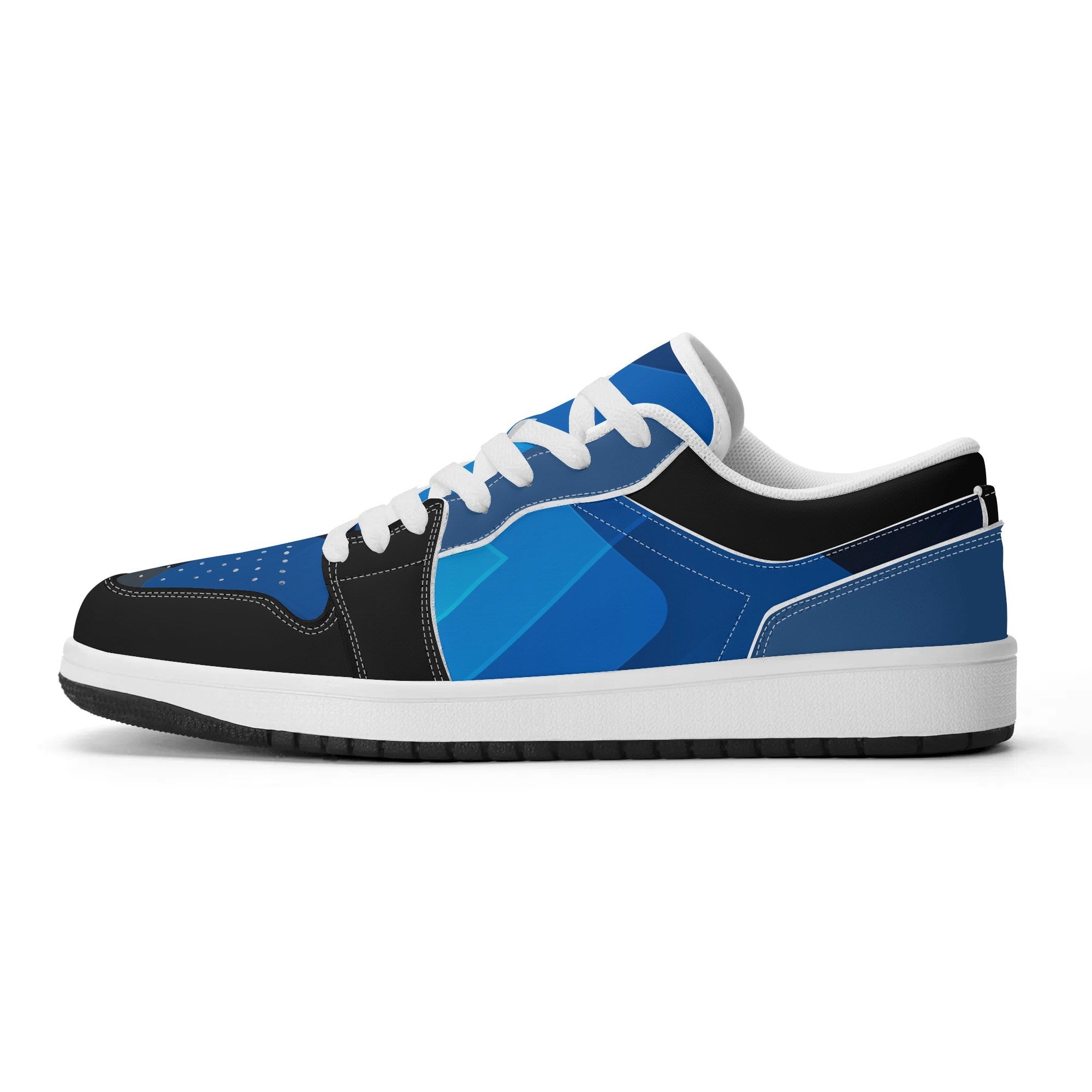 Blue and black sneaker with white laces on a white background