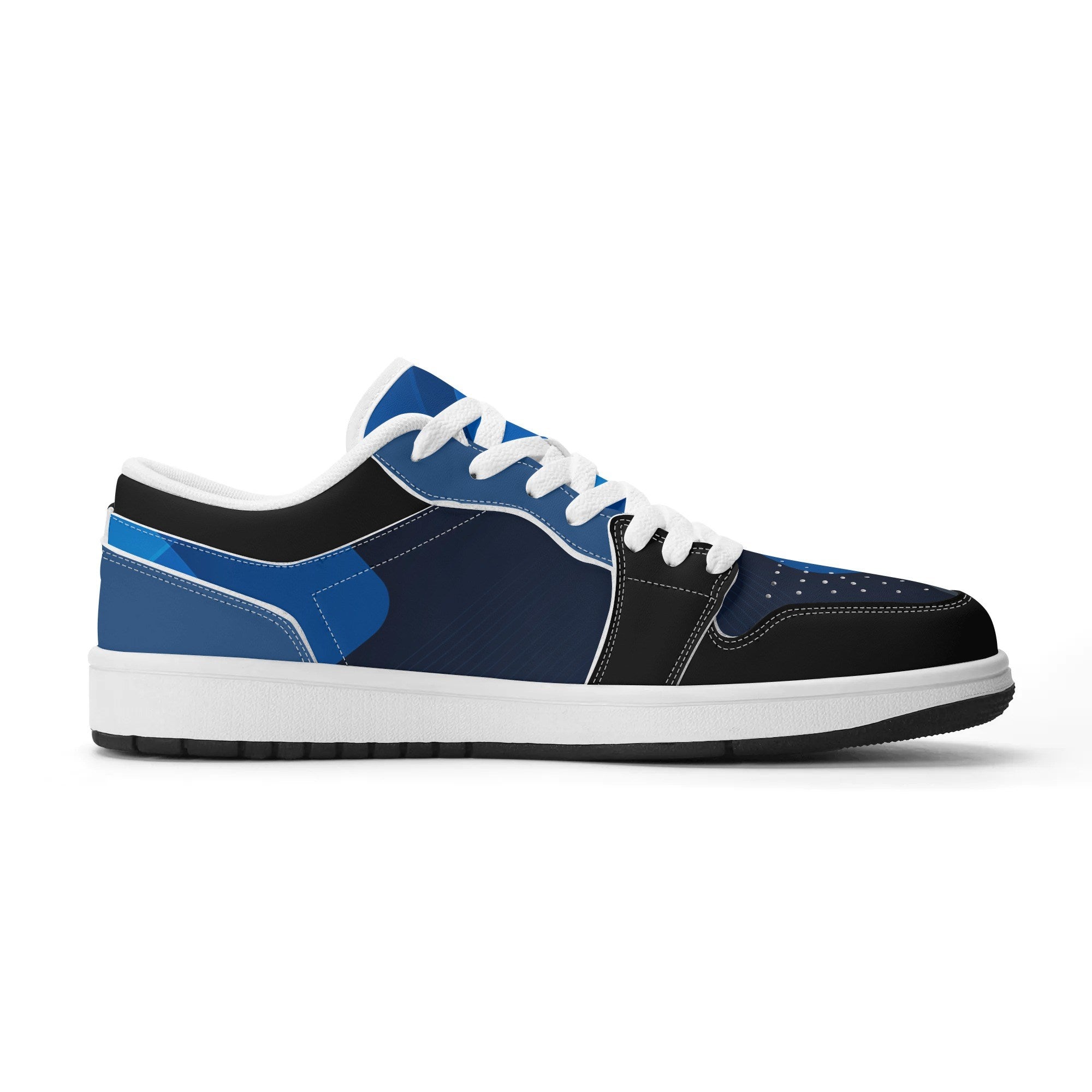 Blue and black sneaker with white laces on a white background