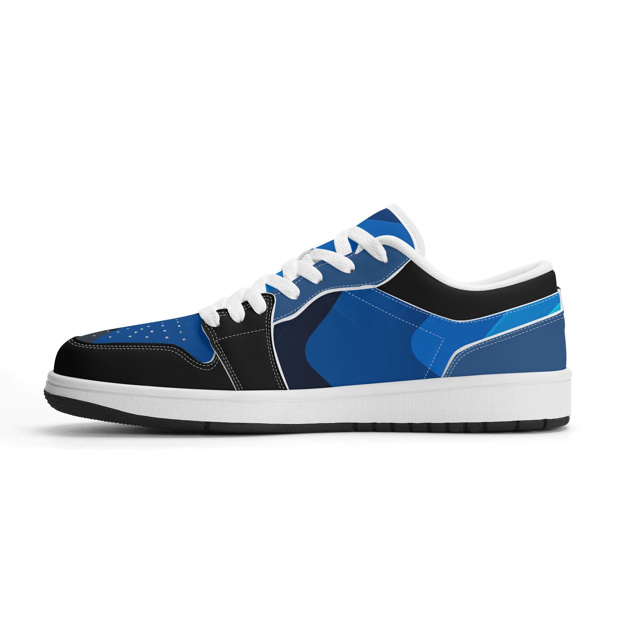 Blue and black sneaker with white laces on a white background