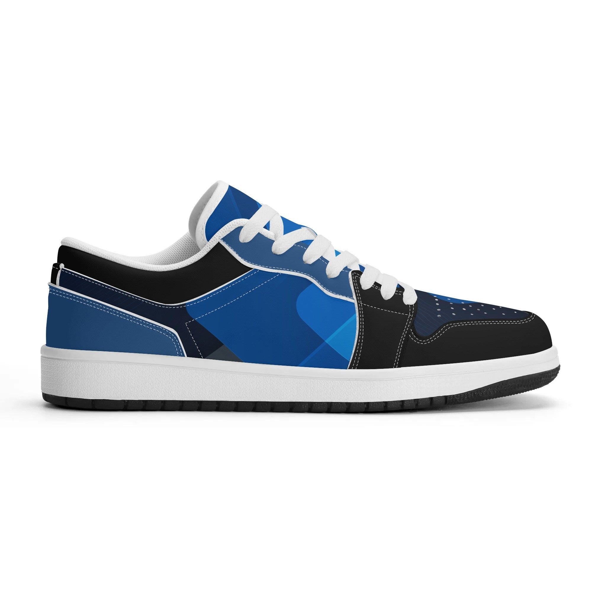 Blue and black sneaker with white laces on a white background