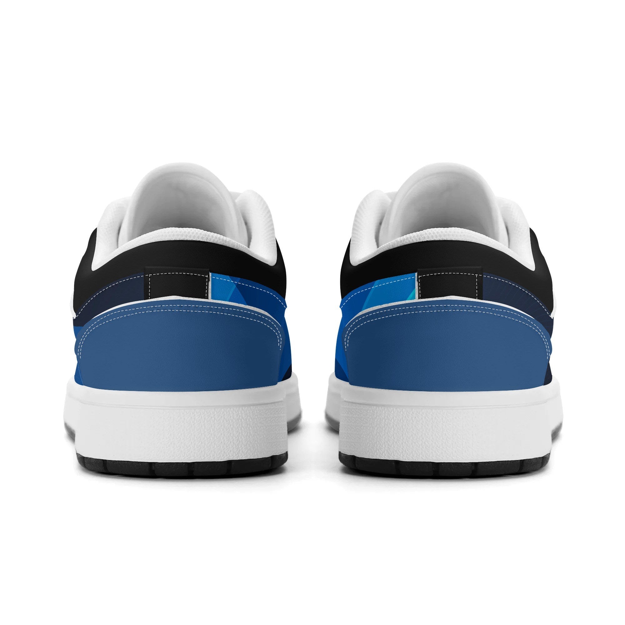 Back view of blue and black sneakers on a white background