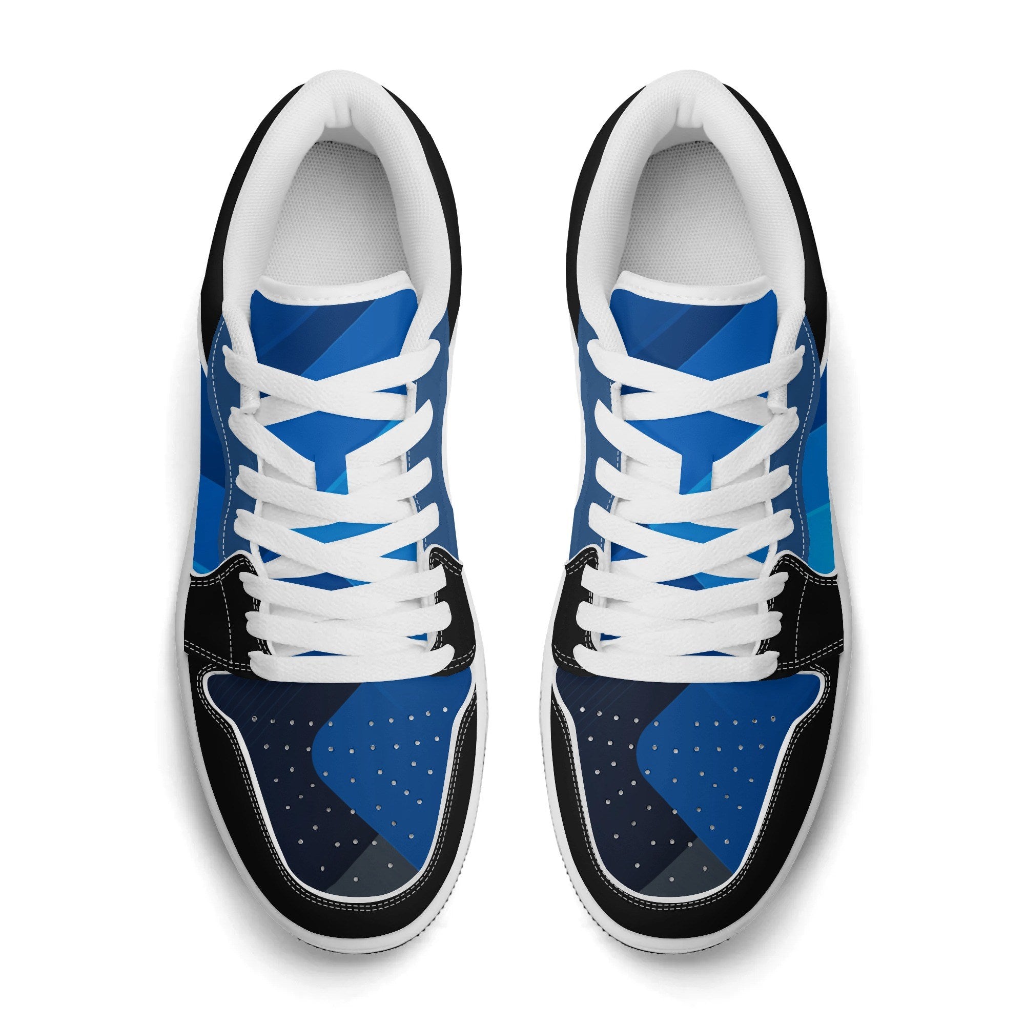 Blue and black sneakers with white laces on a white background