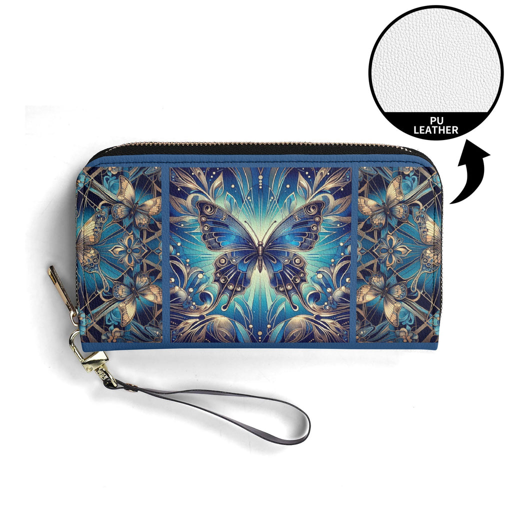 Blue butterfly wallet with floral patterns on a white background
