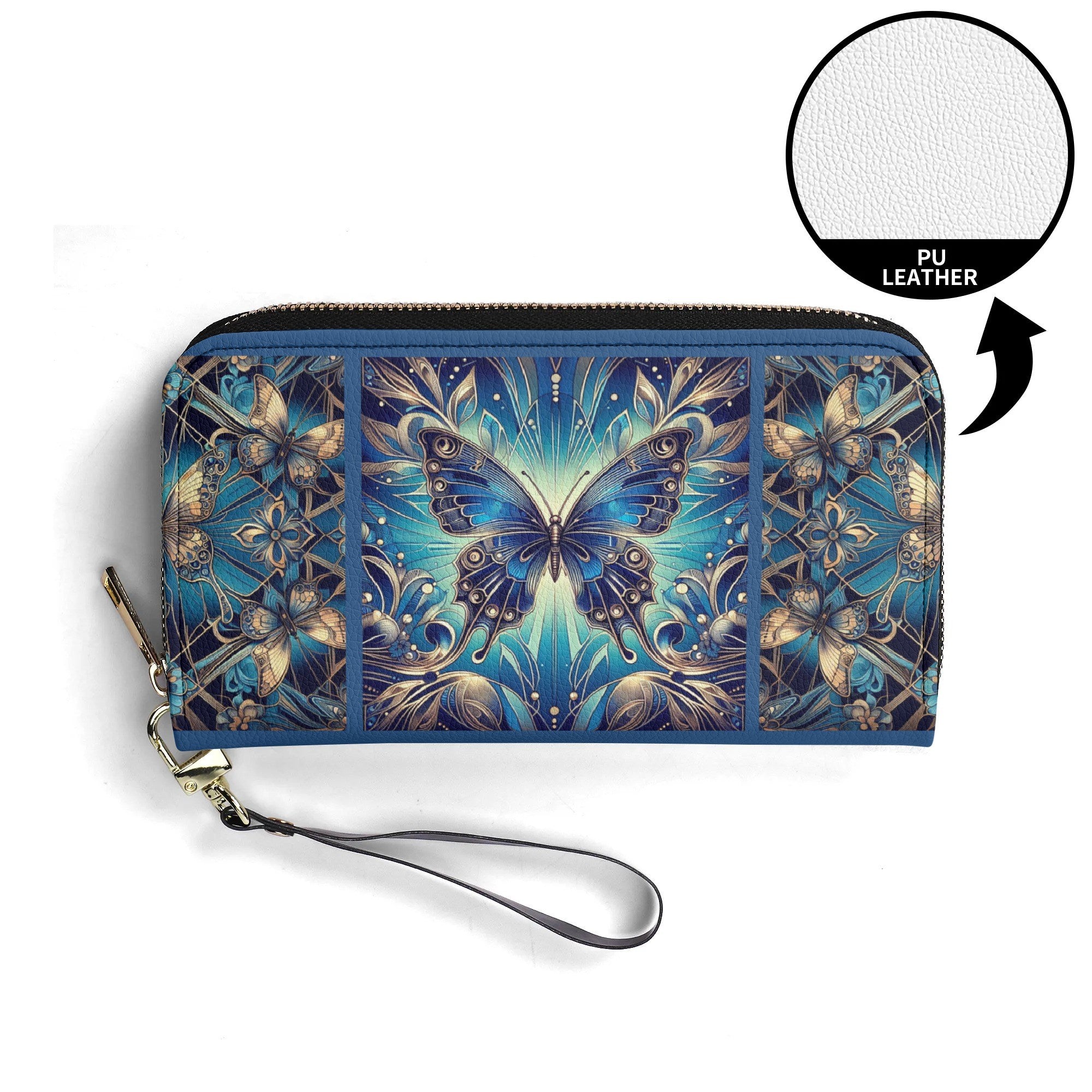 Blue butterfly wallet with floral patterns on a white background