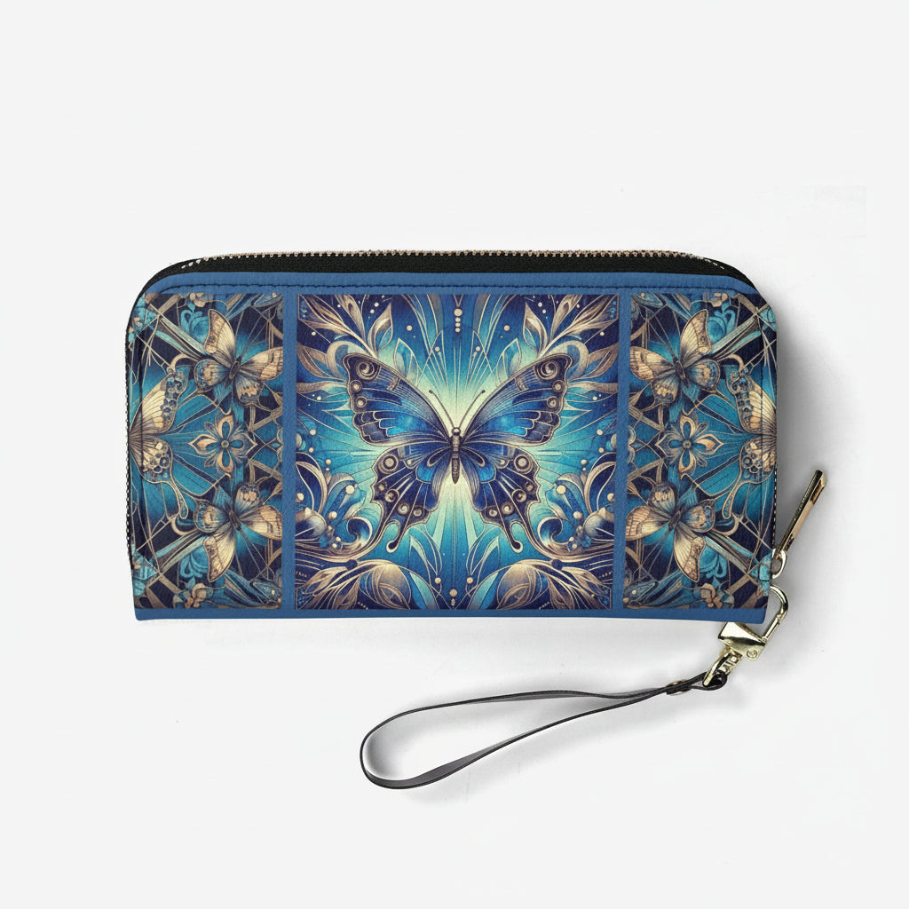 Blue butterfly wallet with floral patterns on a white background