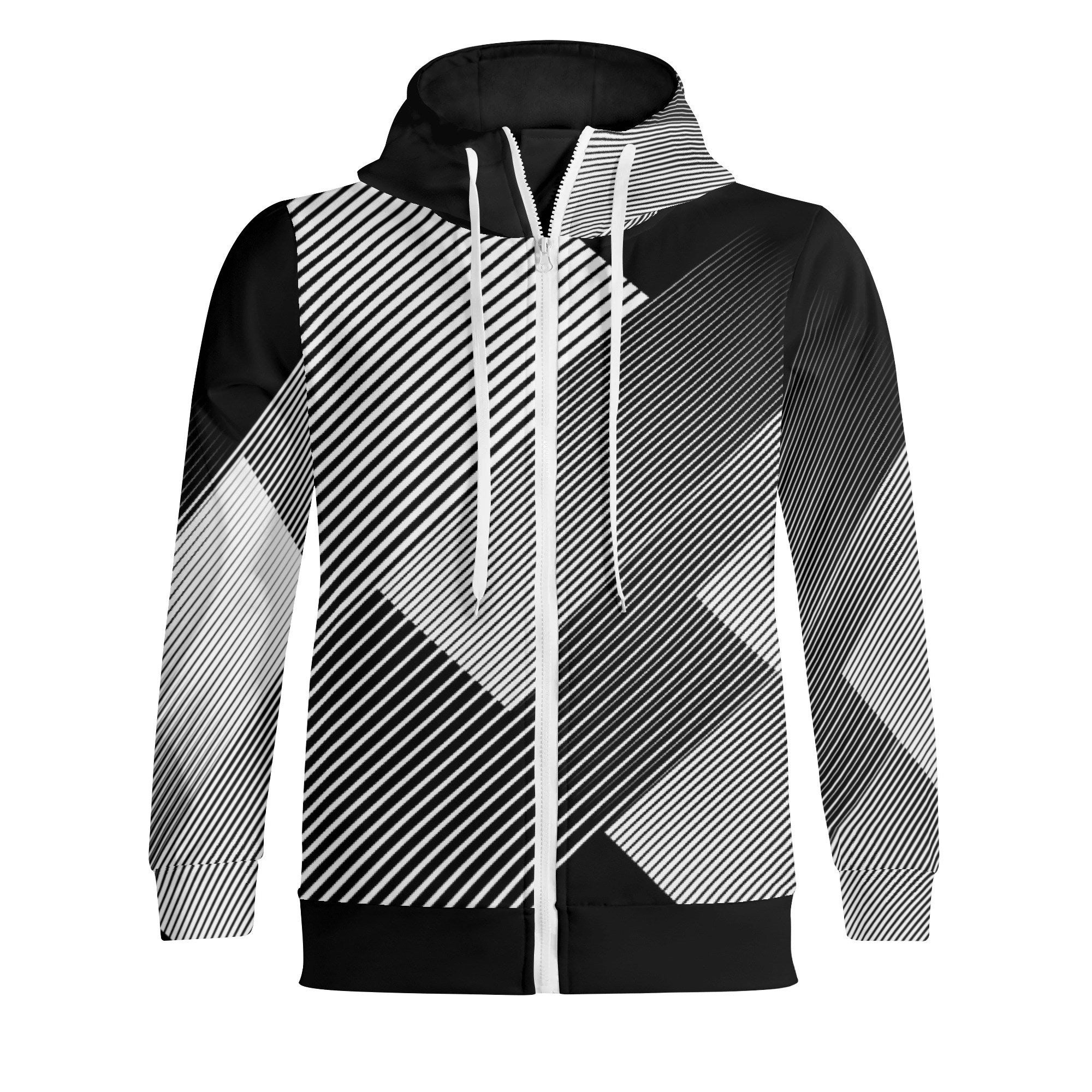 Black and white geometric patterned hoodie on a white background
