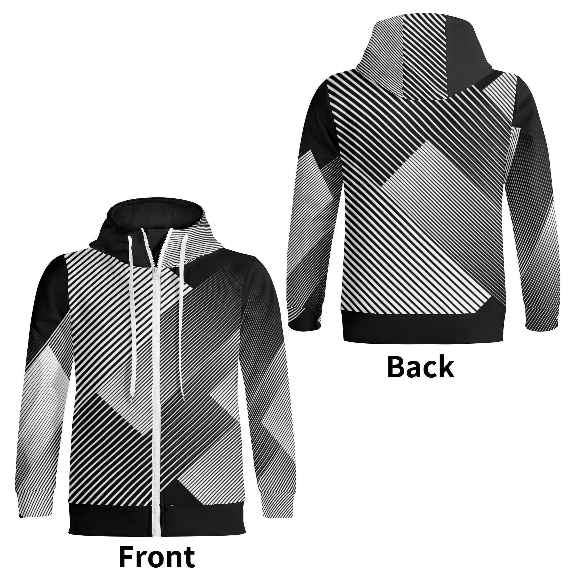 Hoodie with black and white geometric pattern on front and back
