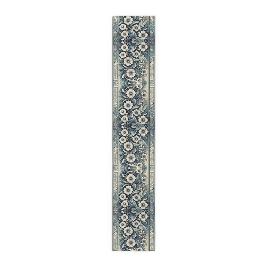 Antique Periwinkle and White Floral Pattern Table Runner- Available in Cotton Twill or Polyester - 16x72 or 16x90 -