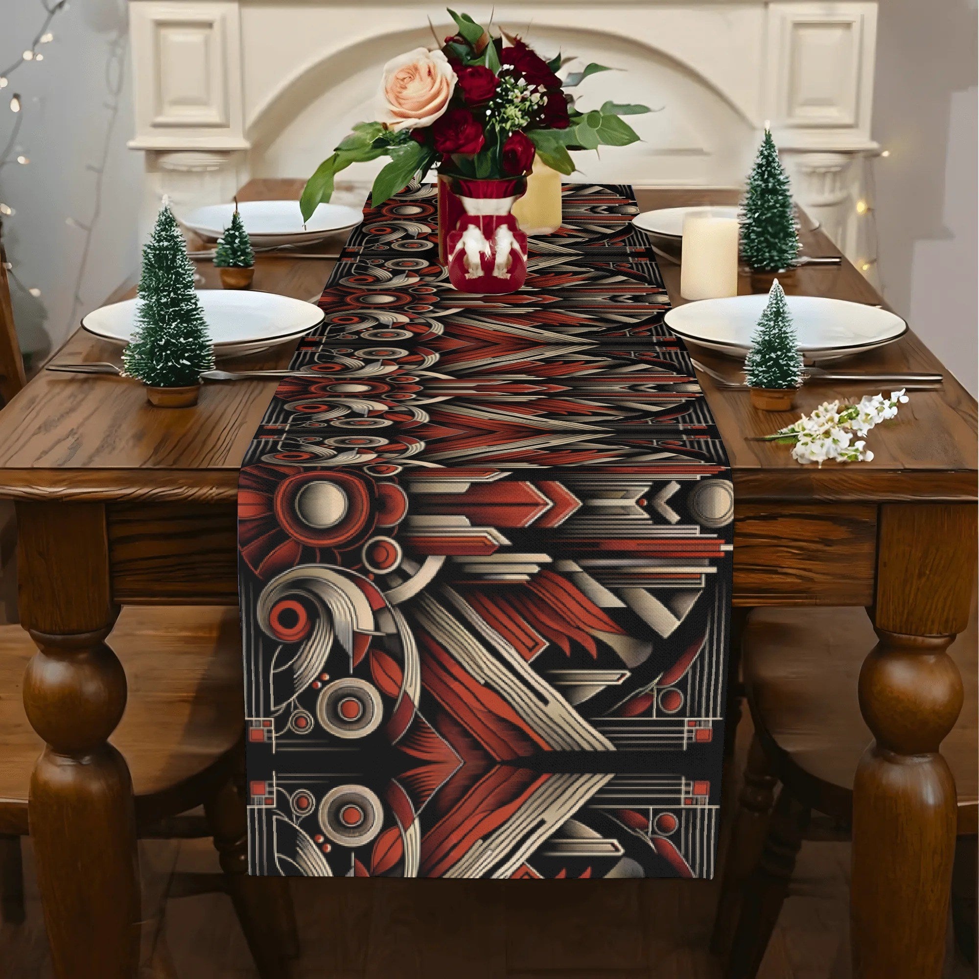 Decorative table runner with geometric pattern on a set dining table.