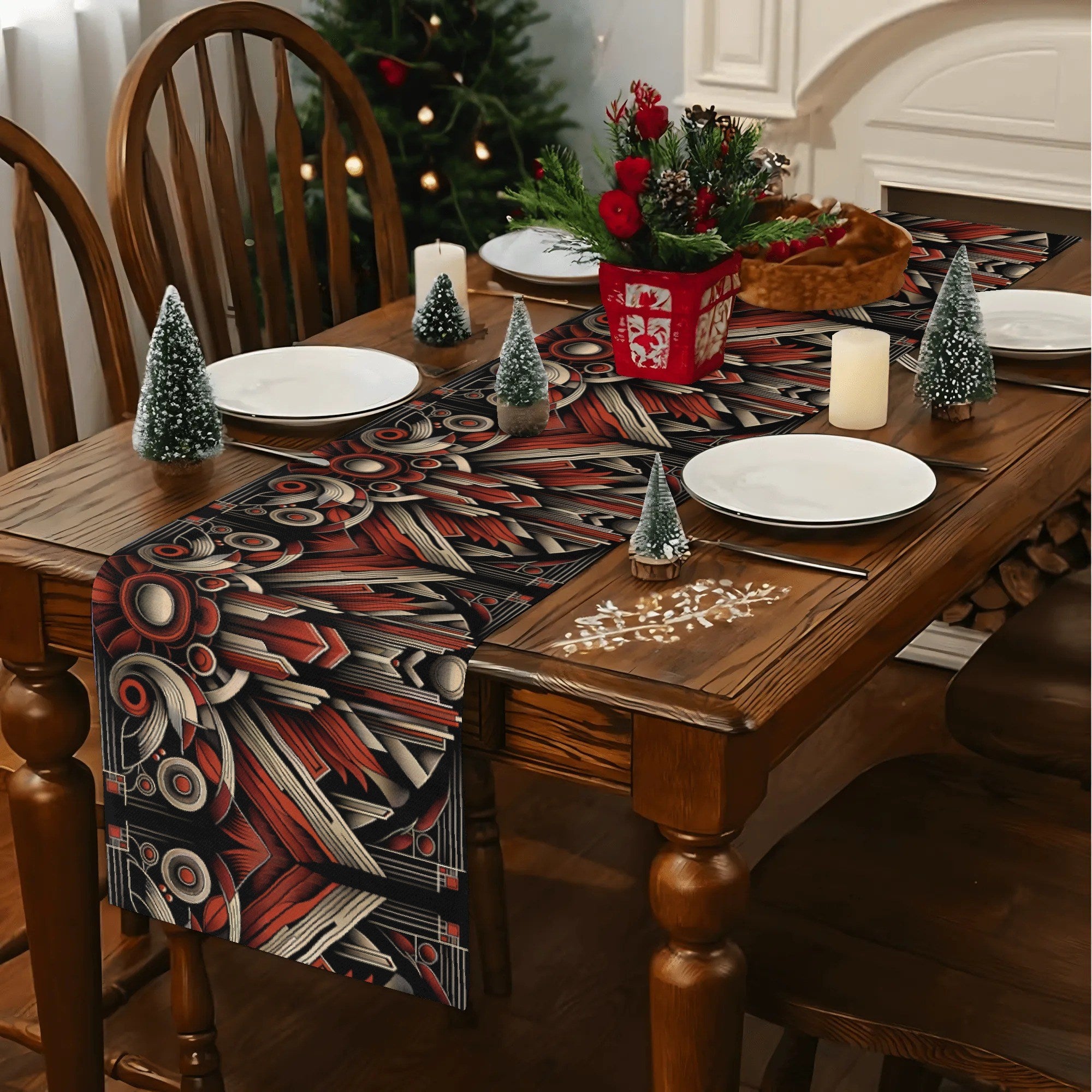 Dining table set with a patterned table runner, Christmas decorations, and candles.