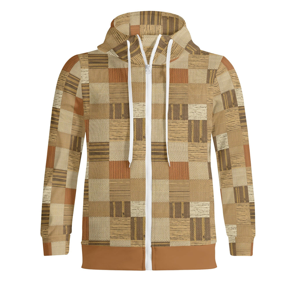 Hoodie with a patchwork pattern in brown and beige tones on a white background