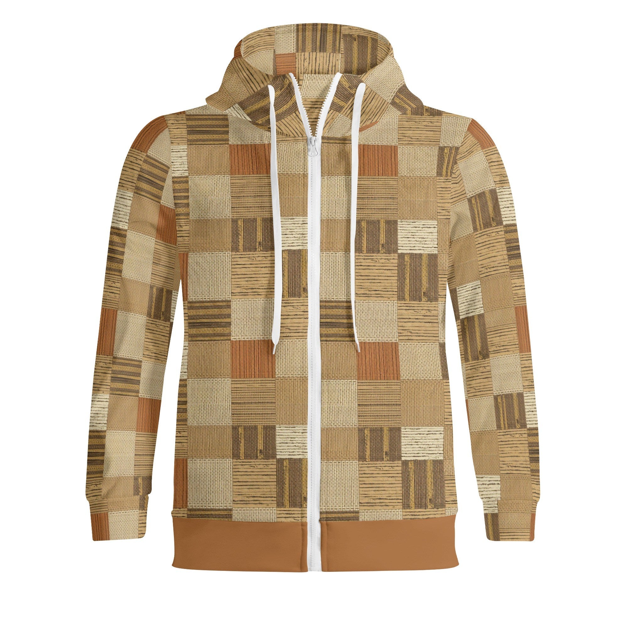 Hoodie with a patchwork pattern in brown and beige tones on a white background