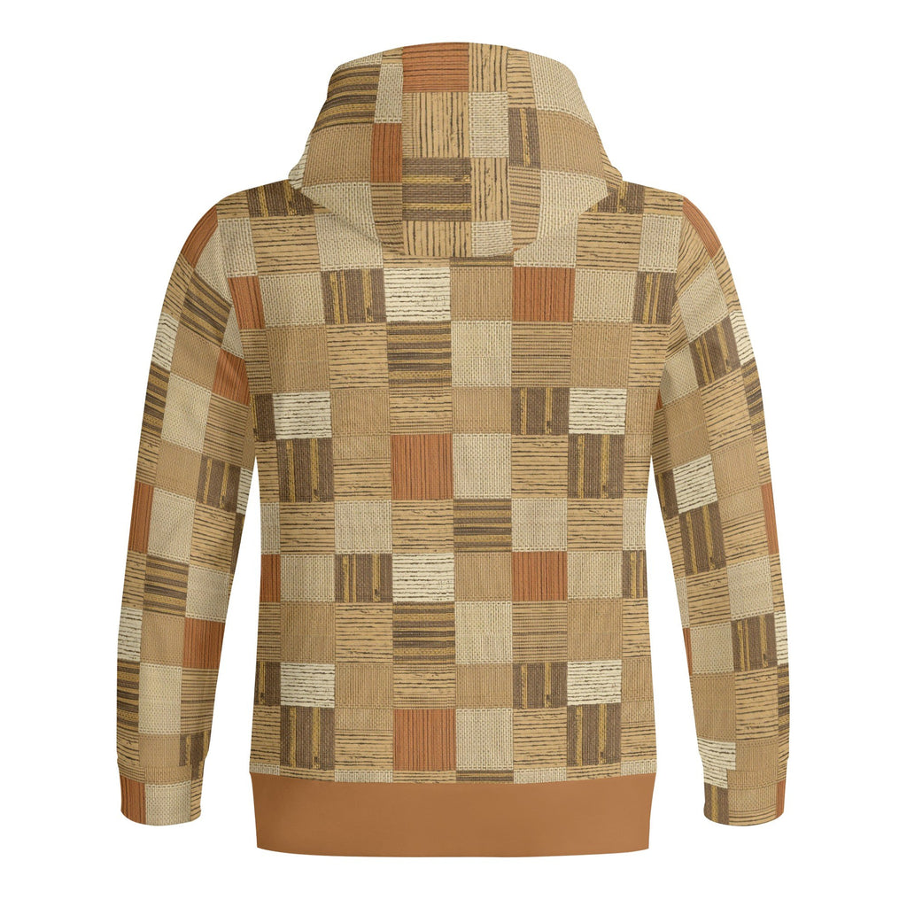 Hoodie with a patchwork pattern in brown and beige tones on a white background