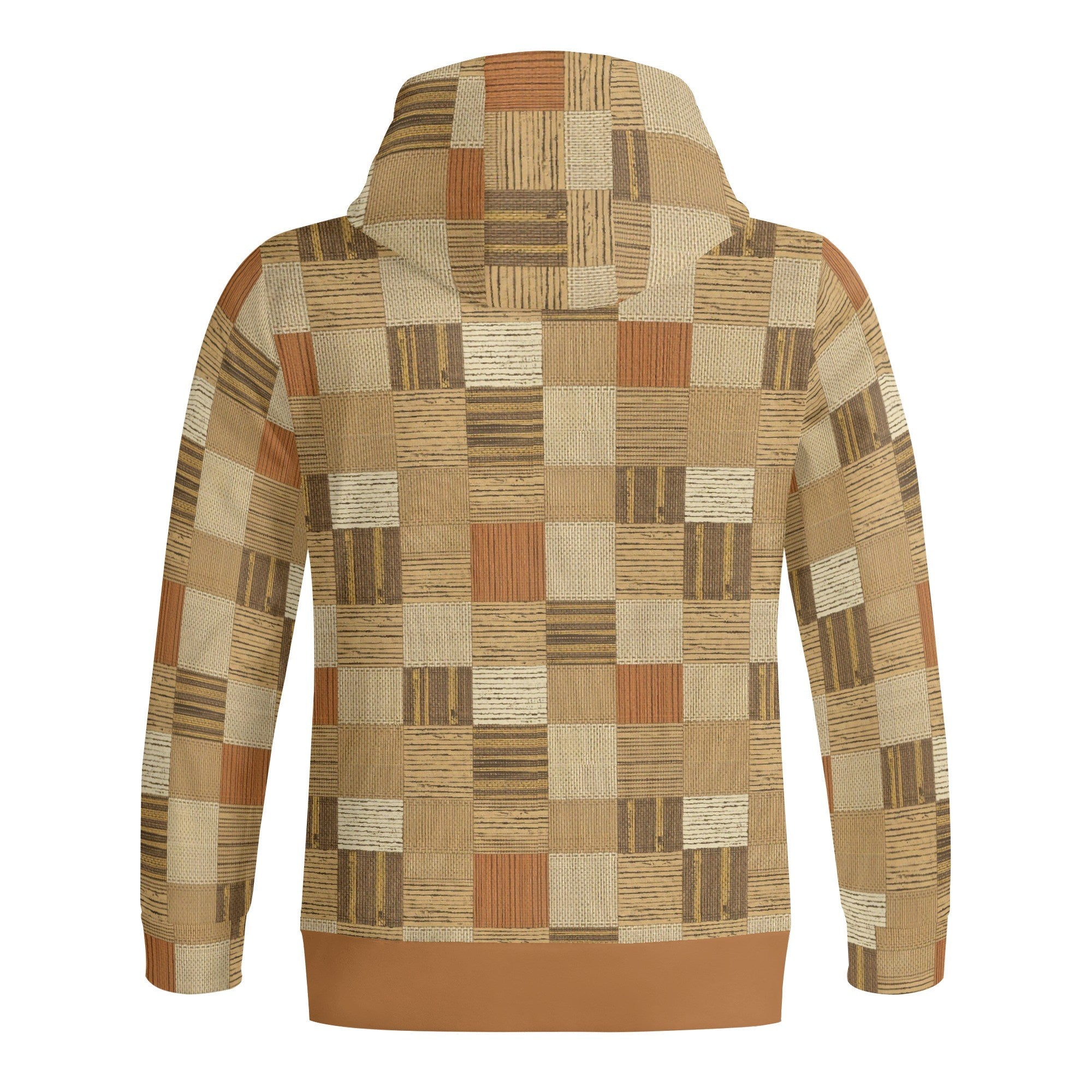Hoodie with a patchwork pattern in brown and beige tones on a white background