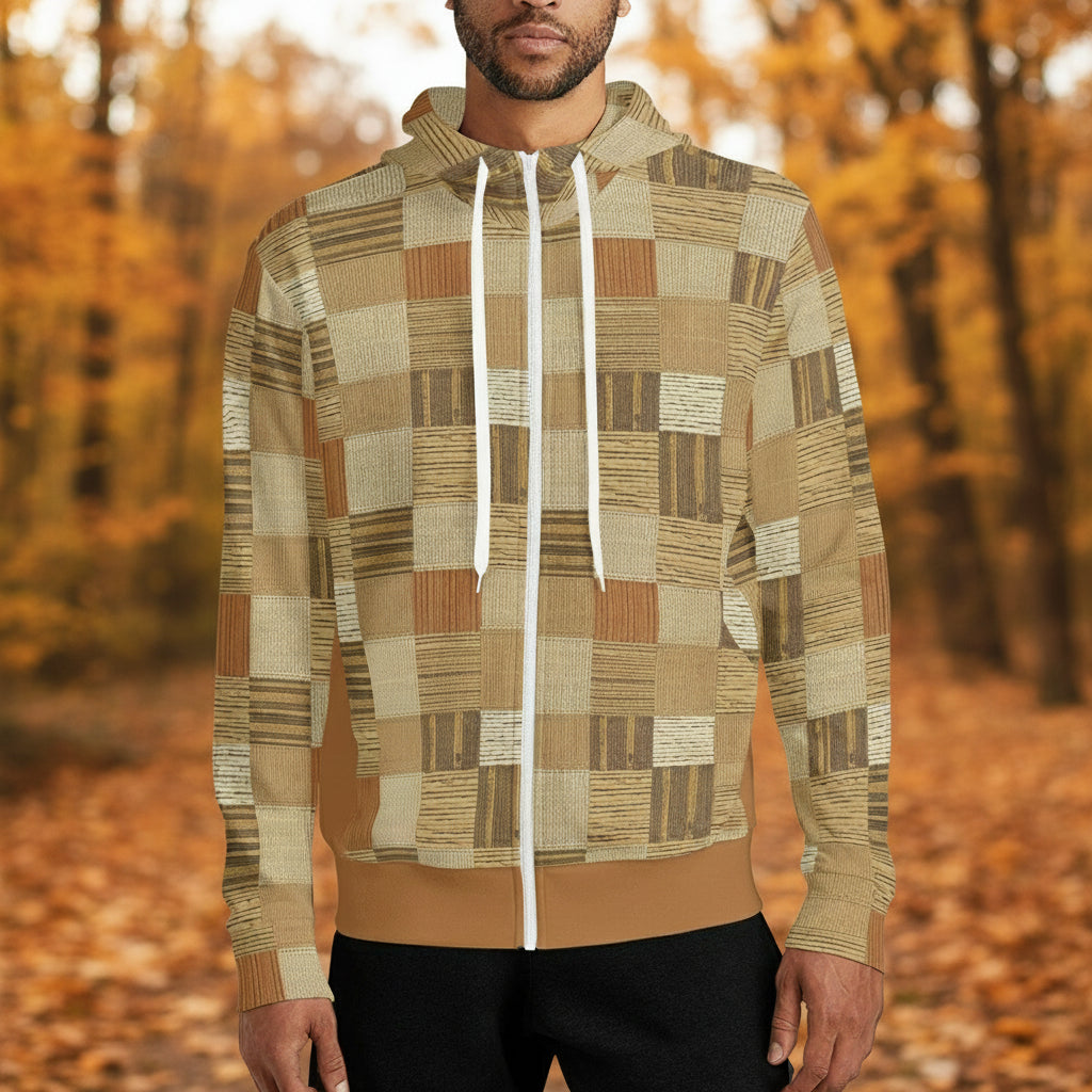 Hoodie with a patchwork pattern in brown and beige tones on a white background