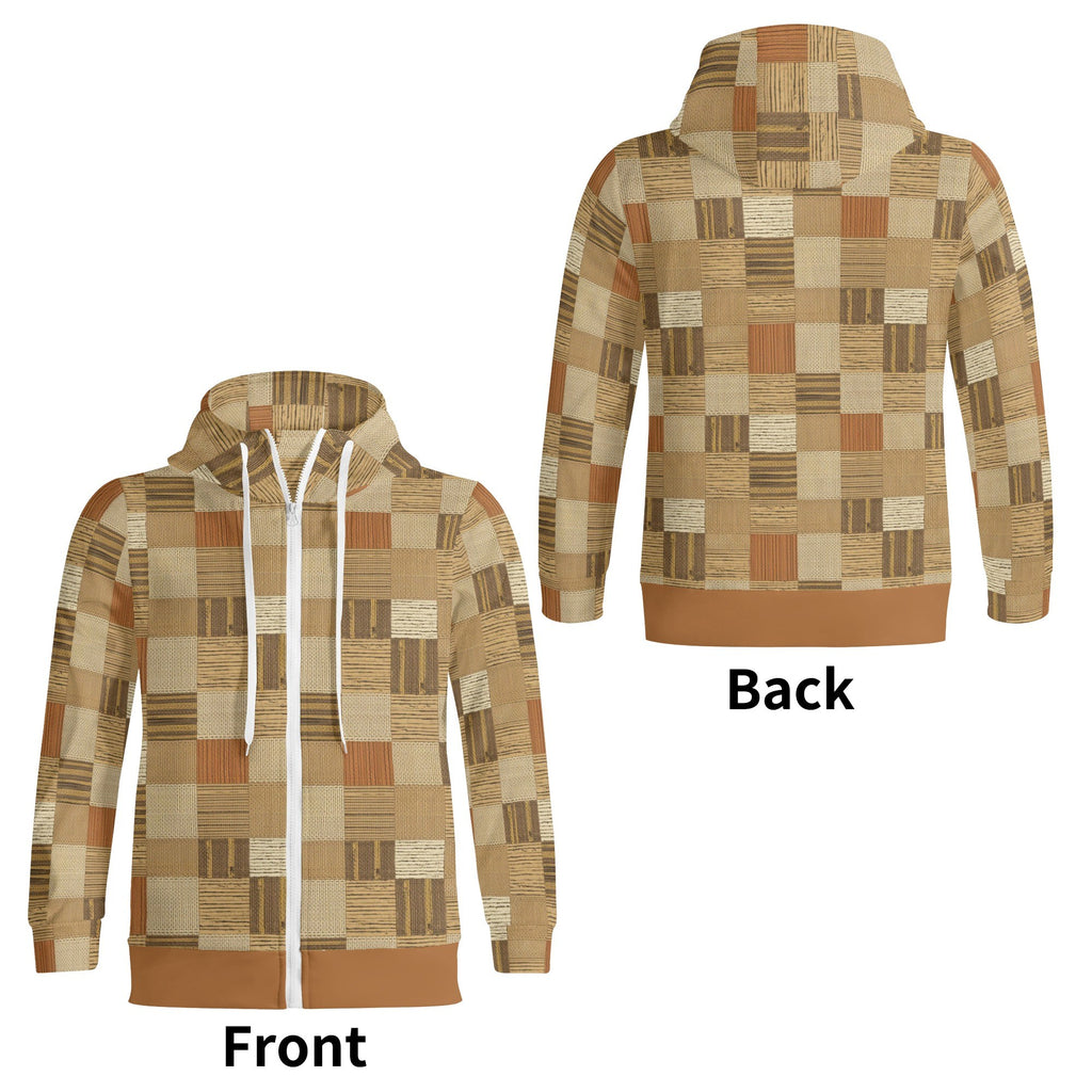 Patchwork hoodie shown from front and back on a white background
