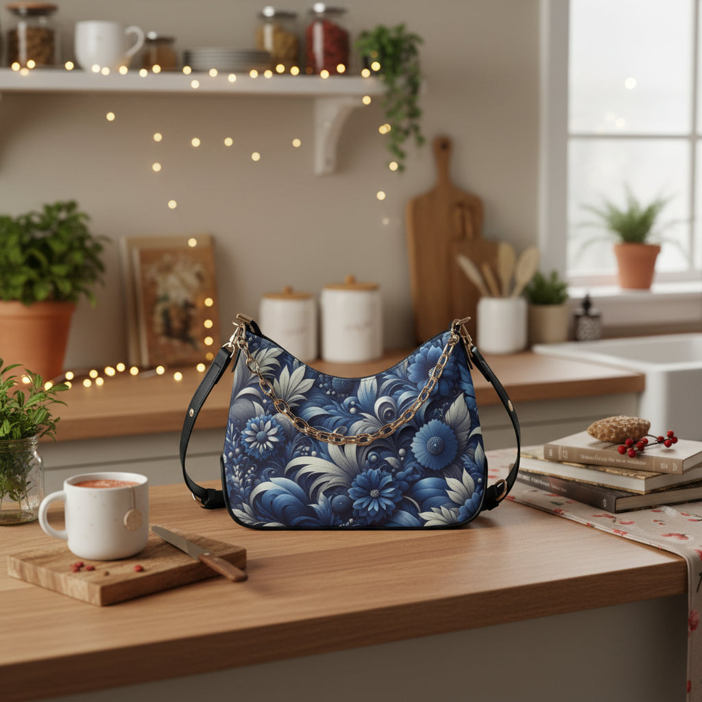Blue floral patterned handbag with a gold chain detail on a white background
