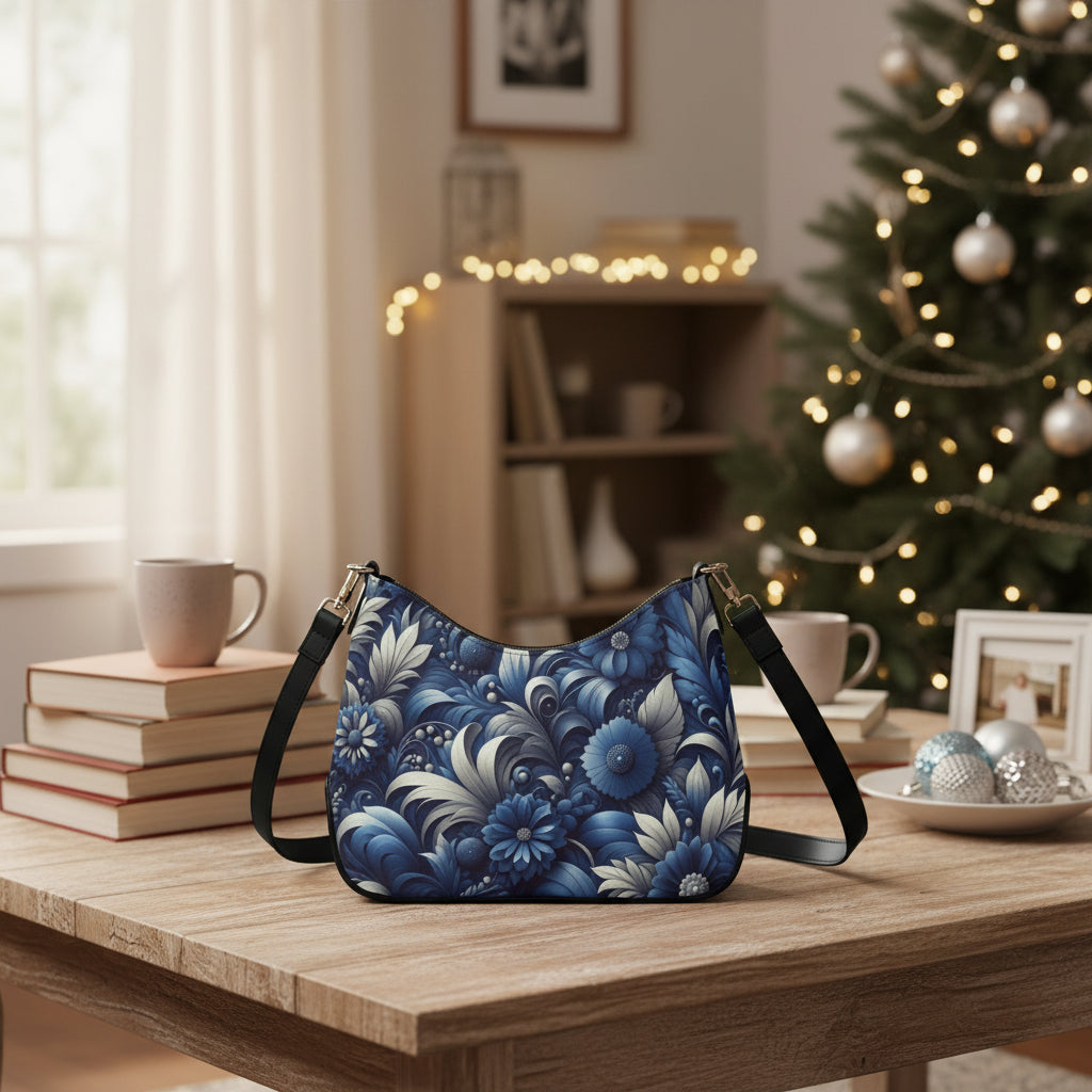 Floral patterned handbag with blue and white design on a white background