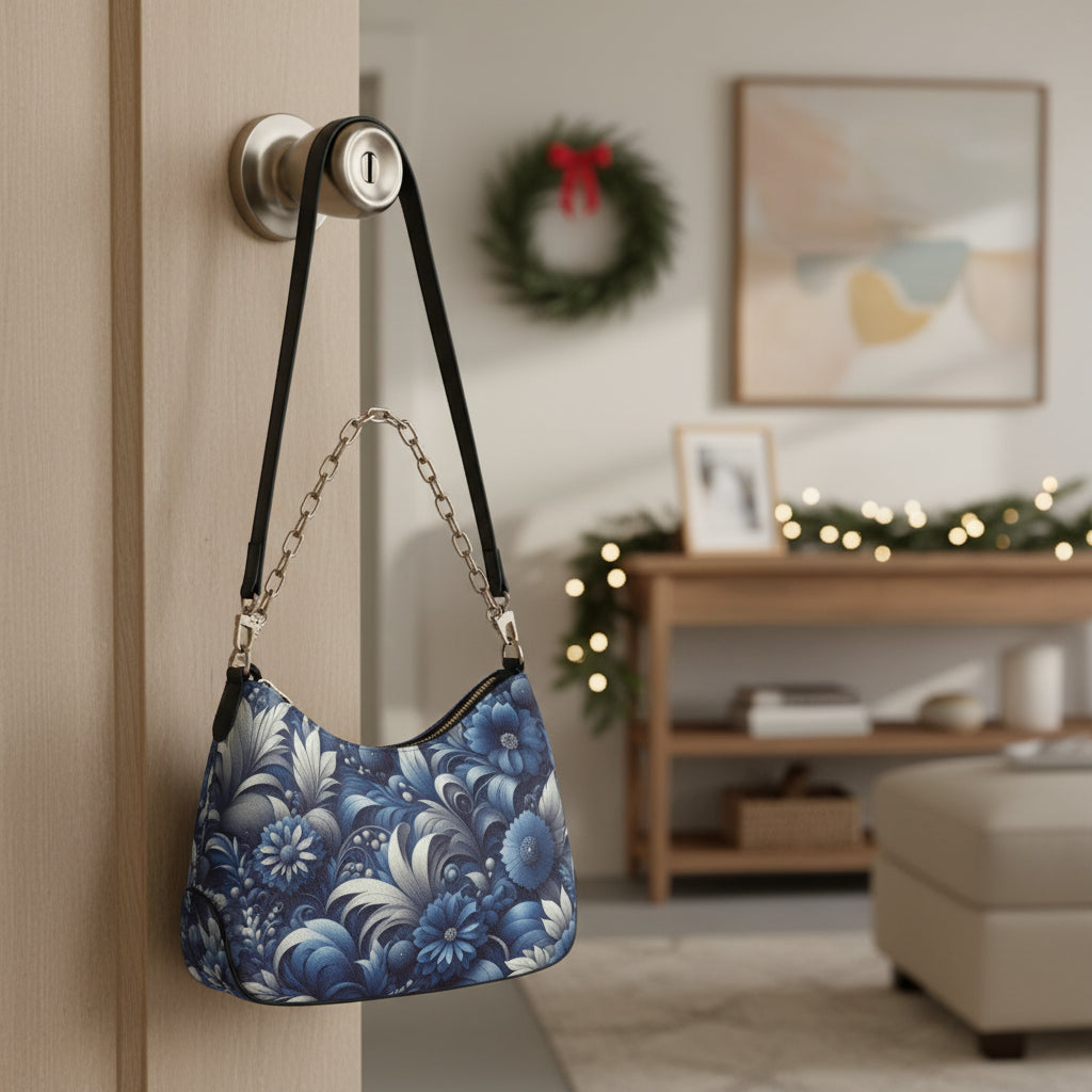 Blue floral patterned handbag with a chain detail on a white background