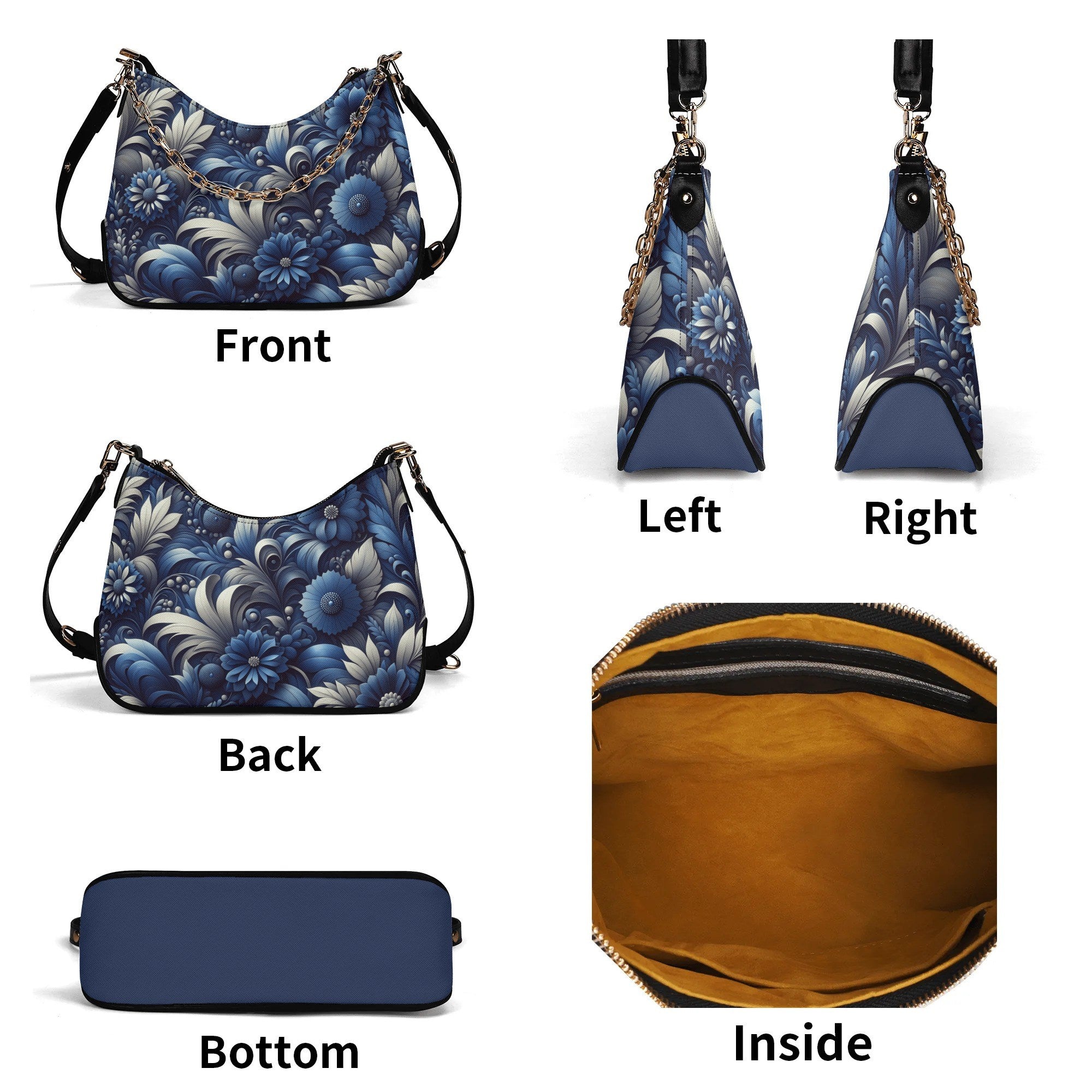 Blue floral handbag shown from multiple angles with labels indicating front, left, right, back, and inside views.
