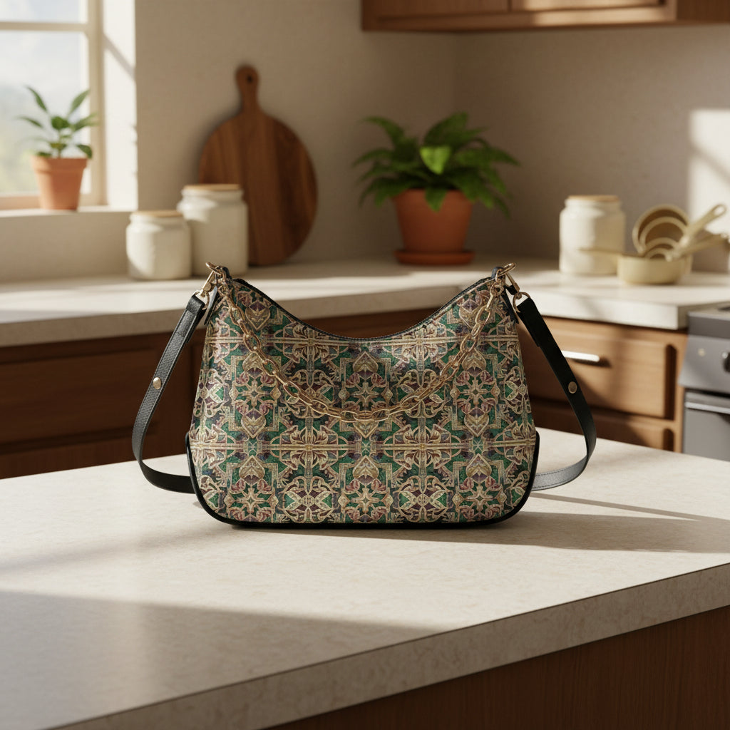 Patterned handbag on a kitchen counter with plants and cabinets in the background